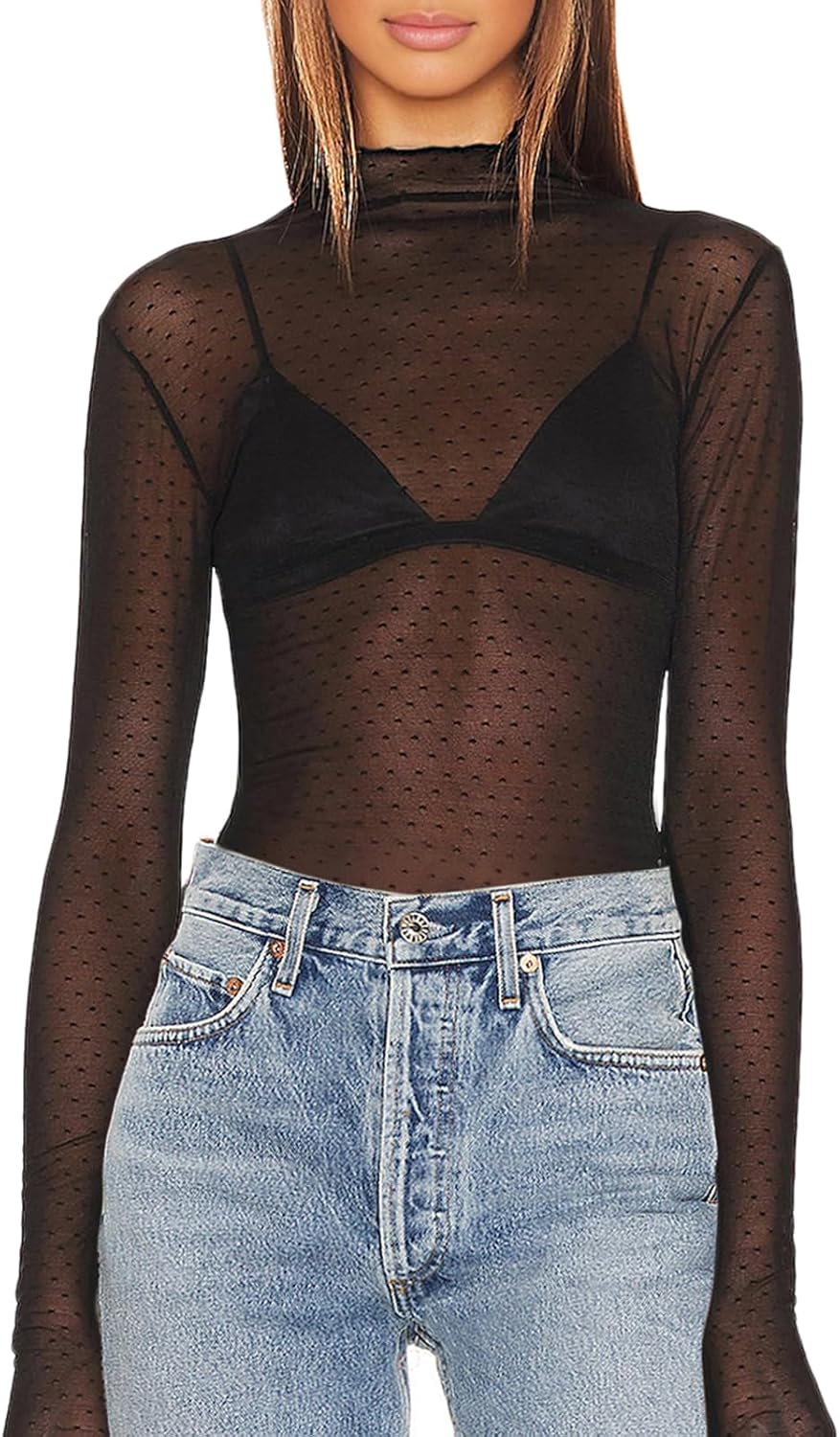 Women's Sexy Long Sleeve Square Neck Mesh Bodysuit Tops Going Out Body Suit Shirts - Image 4