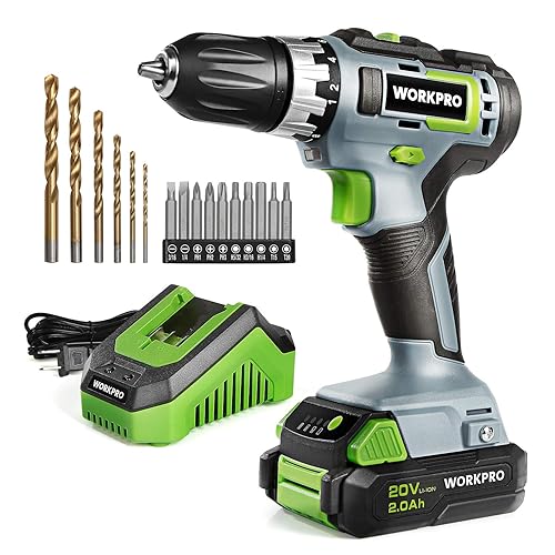 WORKPRO 20V Cordless Drill/Driver Kit, 3/8”, 18+2 Torque Setting, Variable Speed, 2.0 Ah Li-ion Battery and 1 Hour Fast Charger