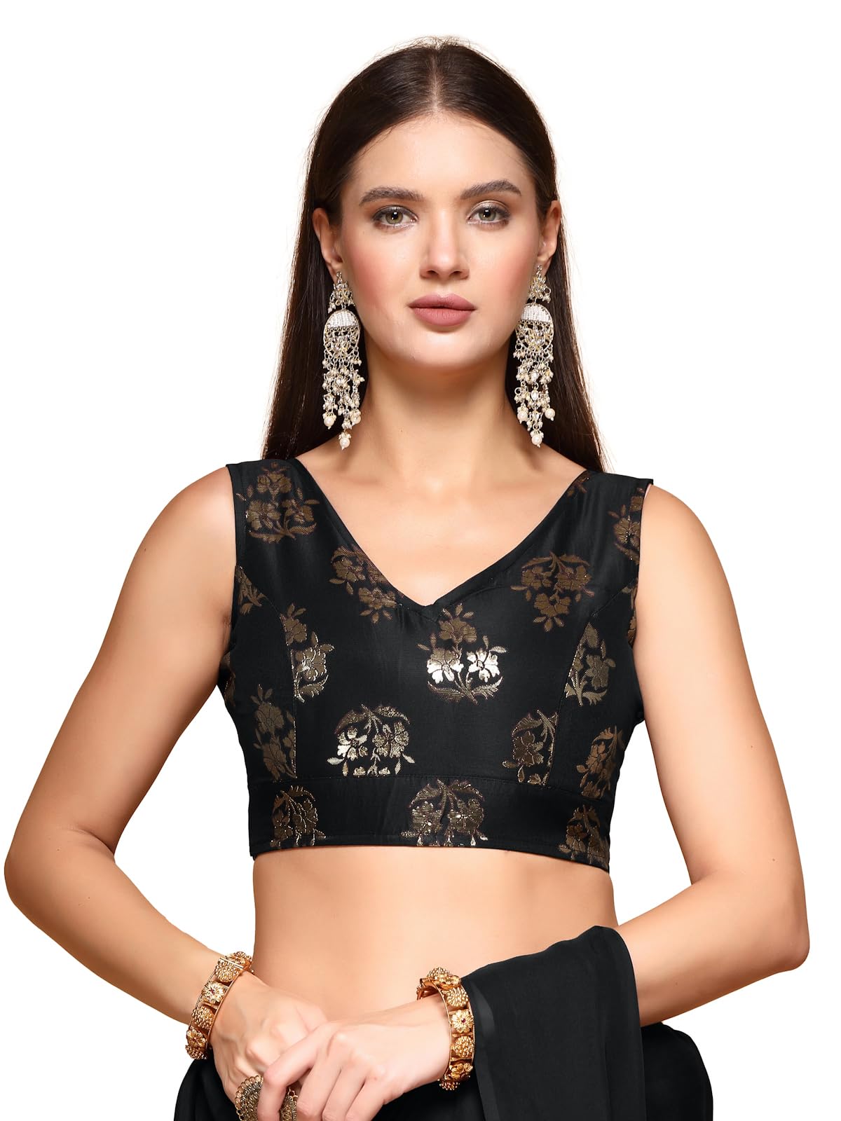 Oomph! Readymade Blouse For Women, Brocade, Sleeveless, V-Neck, Rbbl678