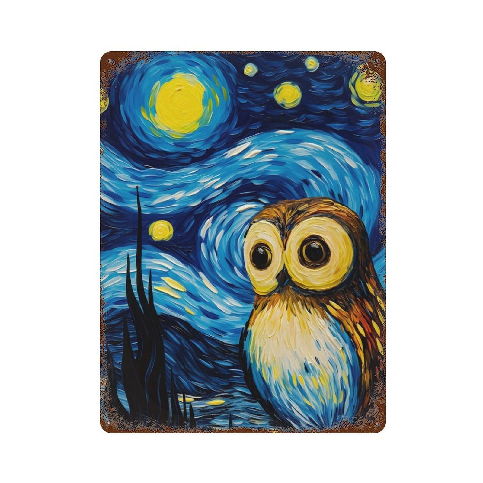 The Starry Night Owl Weathered Tin Sign 15.7"x11.8", Retro Wall Decor for Pub, Kitchen And Man Cave Decor