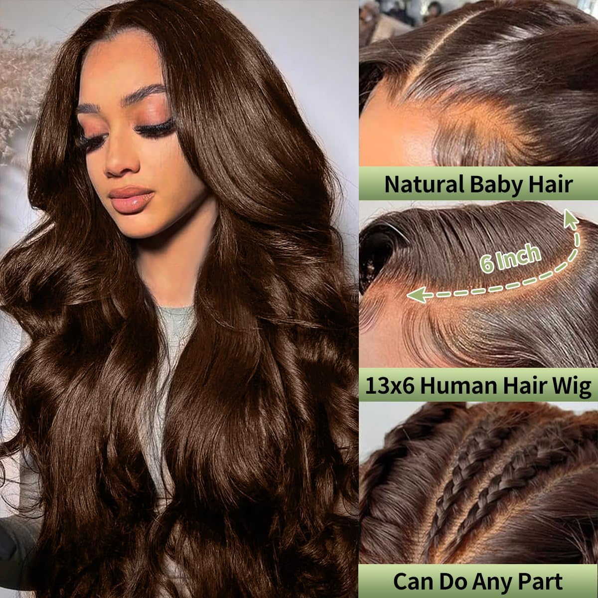 30 Inch Chocolate Brown Human Hair Wig 200 Density 13x6 Hd Body Wave Lace Front Wigs Human Hair Pre Plucked Colored Frontal Wigs Hair Brown Wig for Women