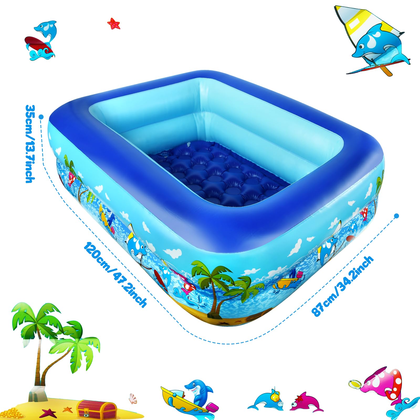 Planschbecken Rechteckig 120 x 87 x 35 cm Aufblasbares Planschbecken für Kinder Plantschbecken Verdickter 2 Ringe Mini Pool Kinderplanschbecken Sommer Aufblaspool für Balkon Garten Rasen