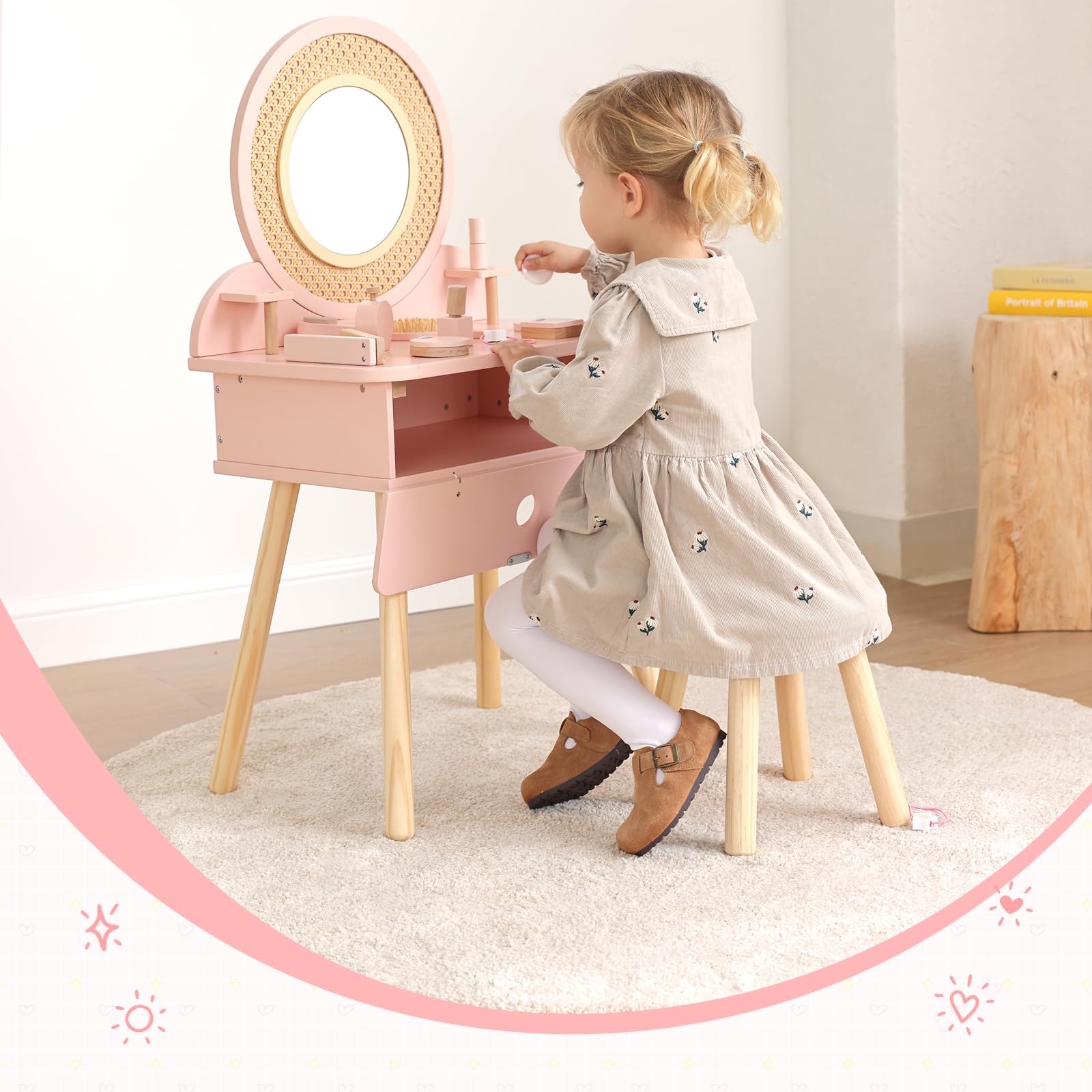 OOOK Schminktisch Kinder, Kinderschminktisch mit Hocker und Spiegel, Mädchen Frisiertisch aus Holz, Kinder Schminktisch für Mädchen ab 3 Jahre, Rosa