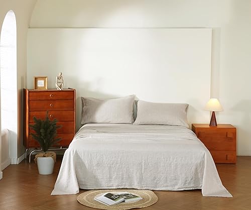 Juego de sábanas de 100% lino francés, transpirables y duraderas, juego de 4 piezas, 1 sábana encimera, 1 sábana bajera, 2 fundas de almohada,