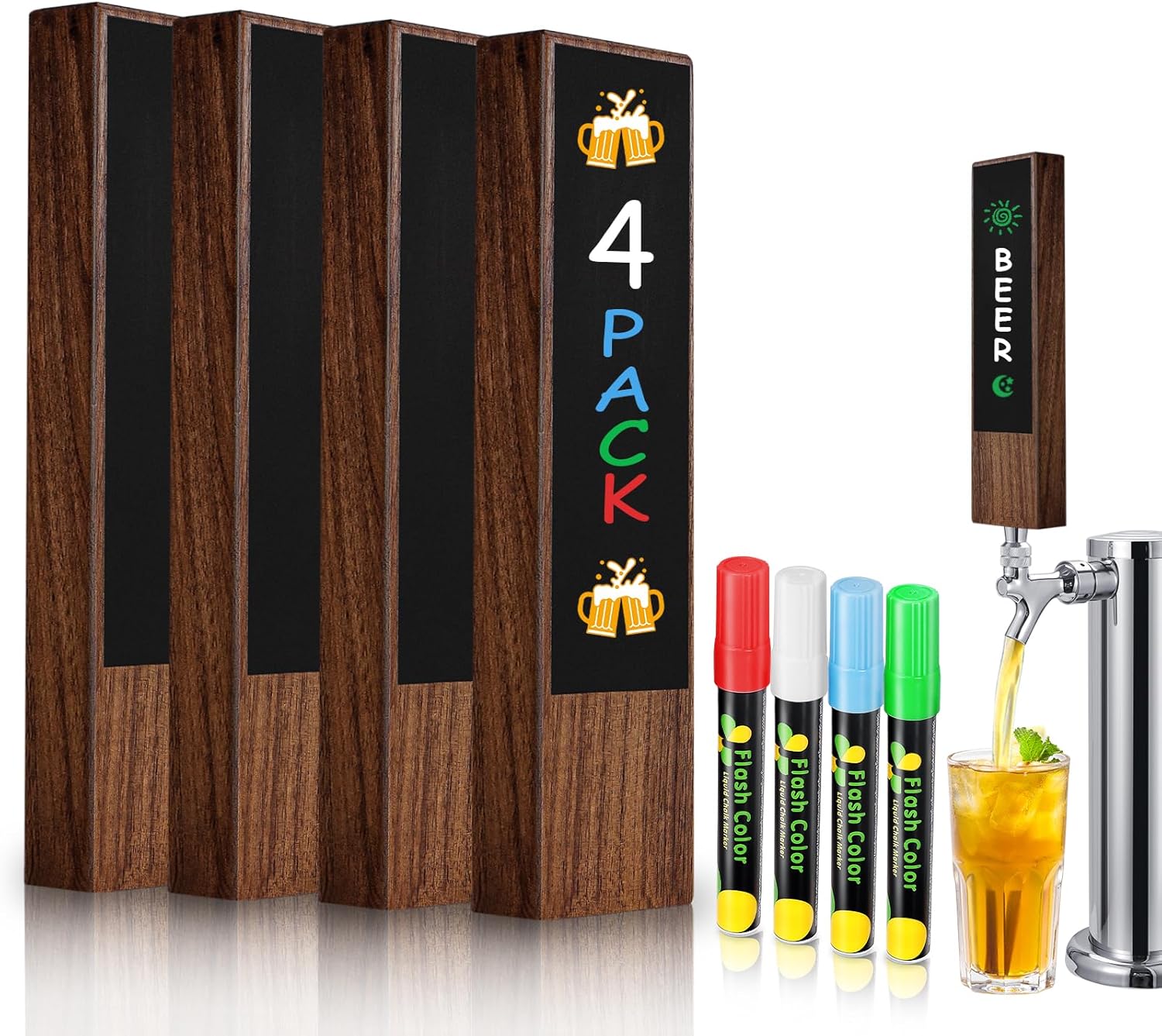 Chalkboard Beer Tap Handle, Wooden Keg Tap Handles for Kegerator Beer Facucet, 4PCS Walnut Kegerator Tap Handles with 4PCS Chalk Markers Pen, Unique DIY Custom Wood Replacement Handle