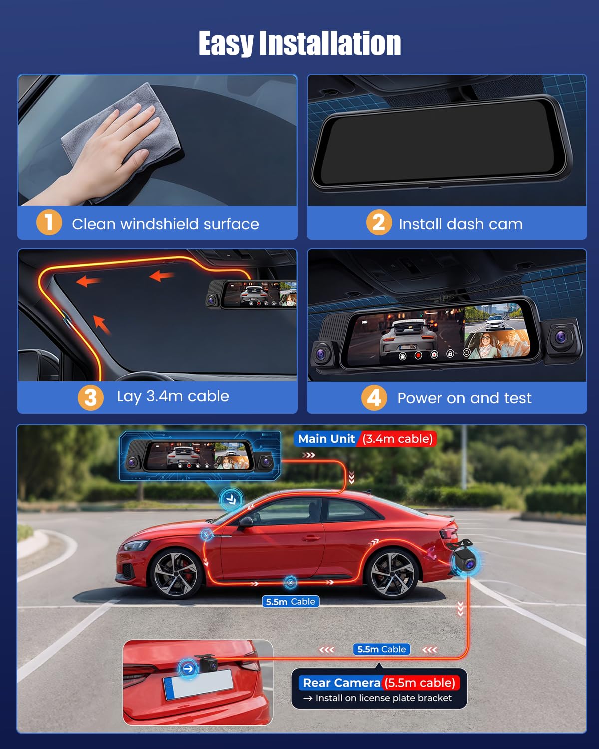 4-Kanal 9,7" Spiegel Dashcam, WiFi, G-Sensor, Nachtsicht IR, Loop