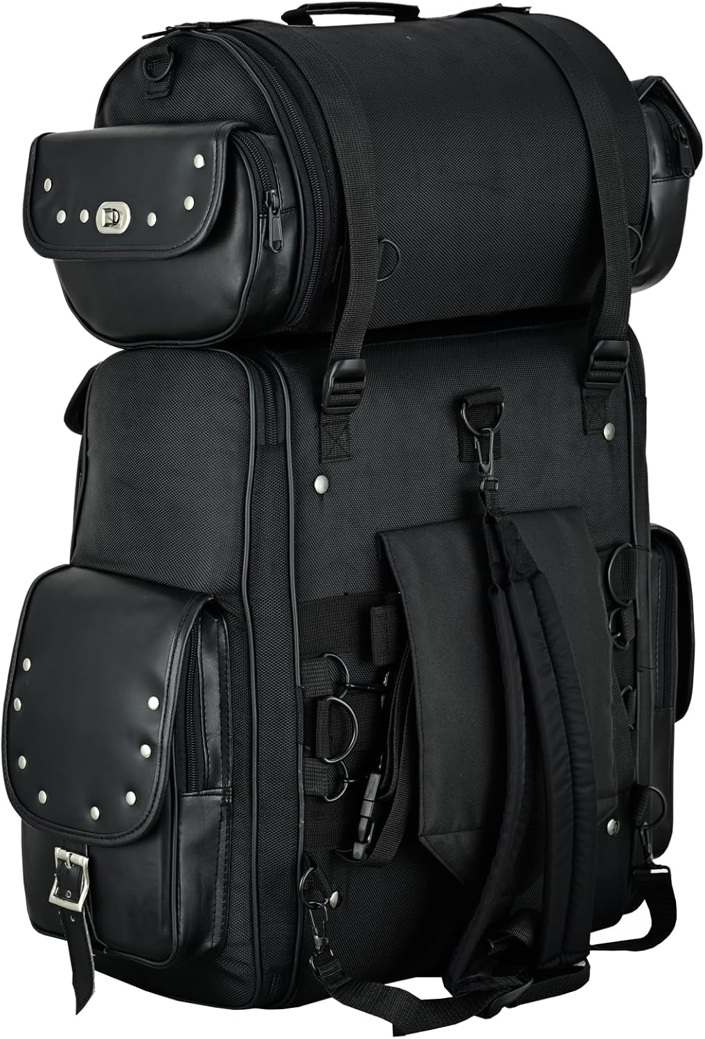 Vance Leathers Large Studded 2 Piece Sissy Bar Bag - Motorcycle Luggage with Multiple Storage Pockets & Removeable Rain Cover