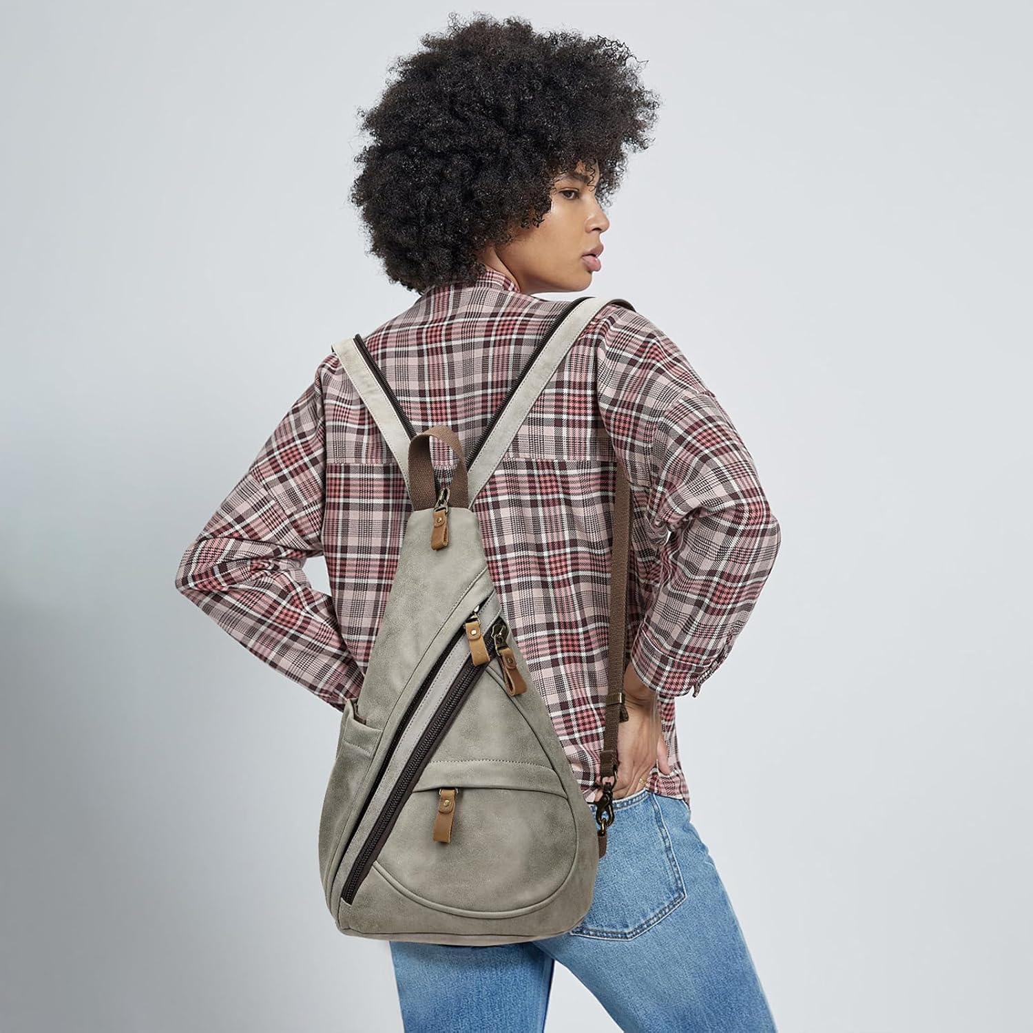 KL928 PU Leather Sling Bag - Small Crossbody Backpack Shoulder Casual Daypack Rucksack for Men Women(Leaden) - Image 8