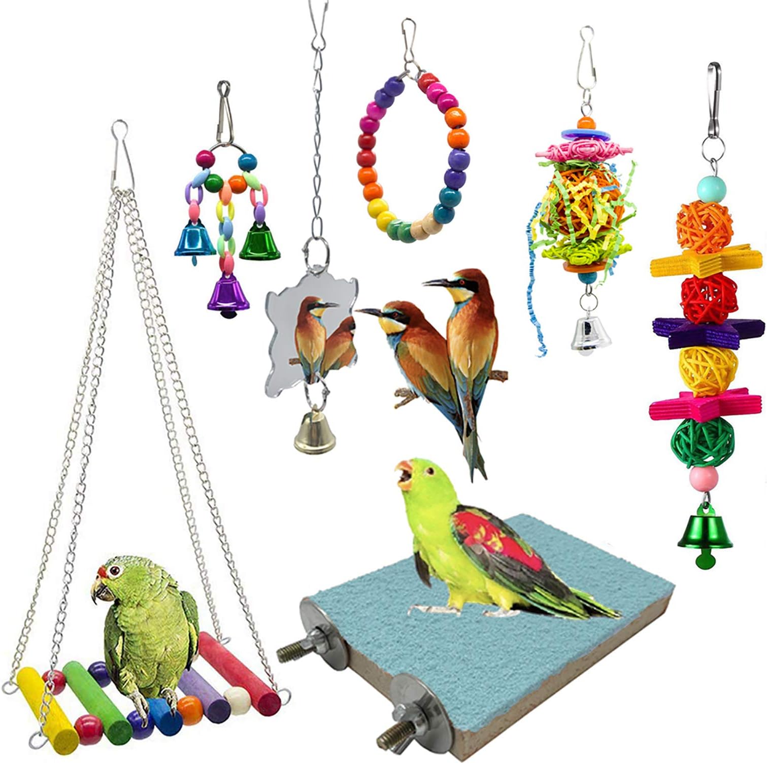 EBaokuup 7 Packs Bird Swing Chewing Toys- Parrot Hammock Bell Toys Suitable for Small Parakeets, Cockatiels, Conures, Finches,Budgie,Macaws, Parrots, Love Birds