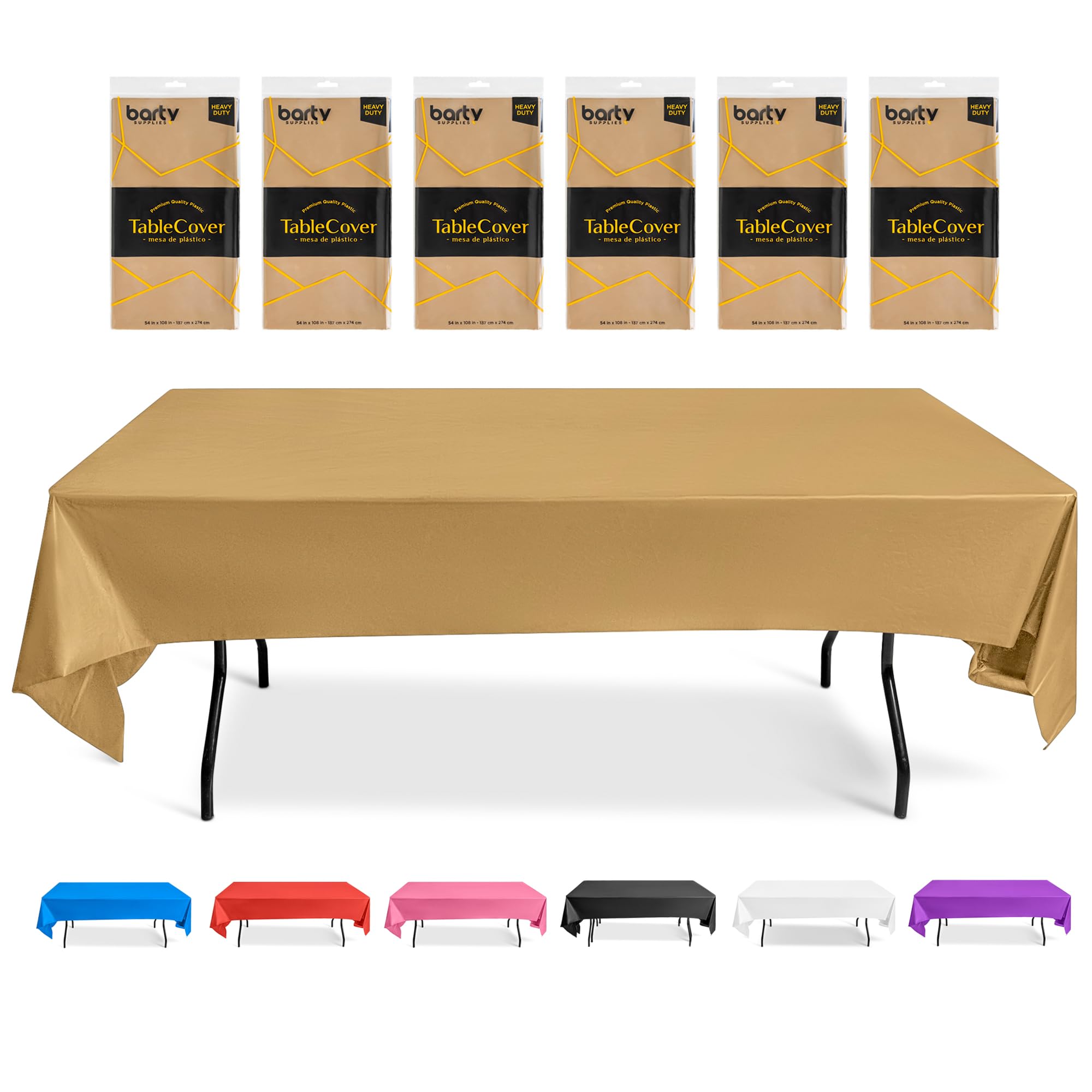 Plastic Gold Table Cloths for Parties Disposable Pack of 6 Gold Tablecloths For Rectangle Tables, Good For Wedding, Birthday, Picnic Camping, also 12 Clips for gold disposable tablecloths - 54x108-in