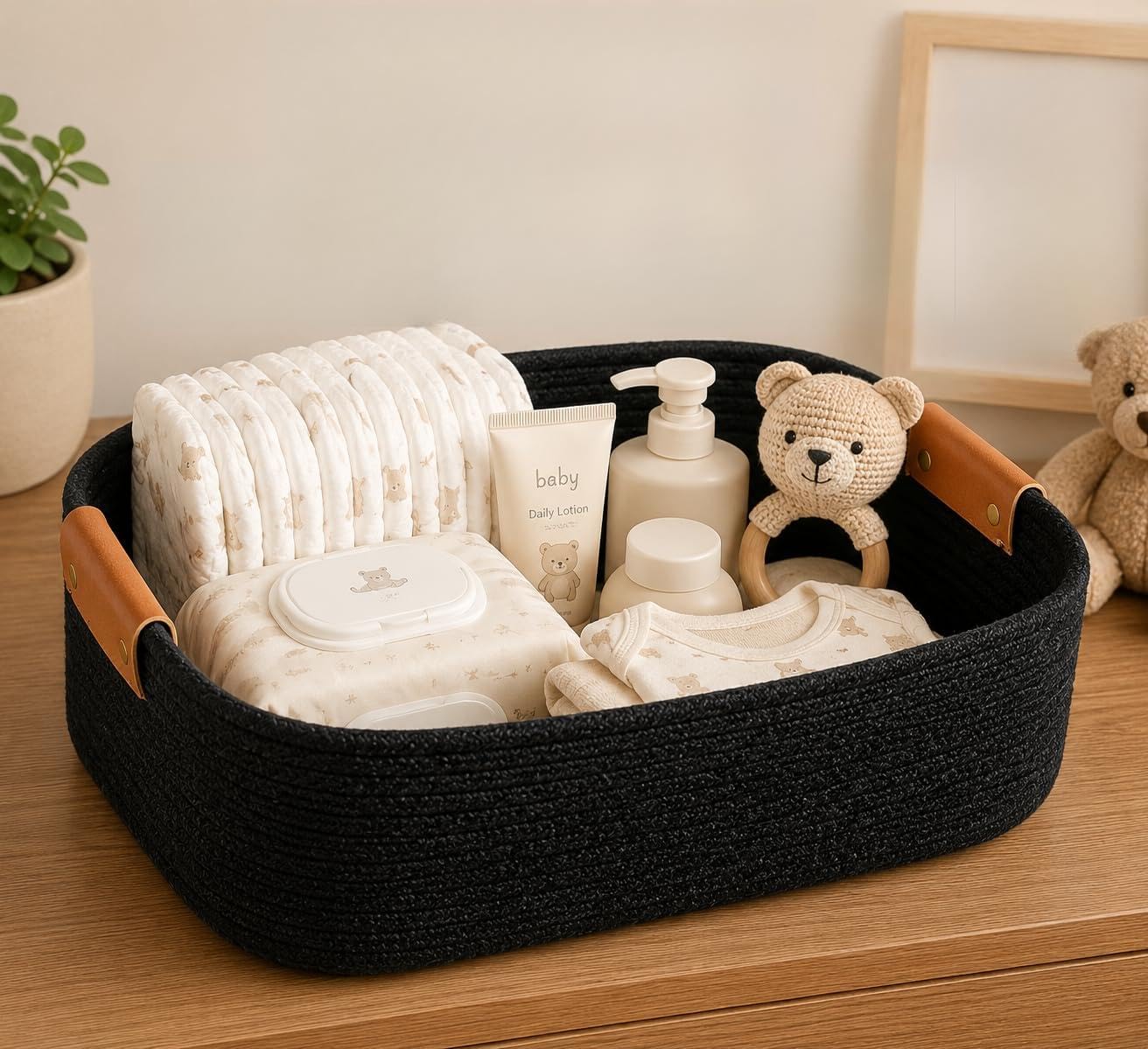 Large Handwoven Cotton Rope Storage Basket – Nursery Organizer for Baby Essentials, Diapers, Toys, Clothes, Books & Shelf Storage – Decorative Woven Basket for Kids Room. (black, Rectangular)-image-3