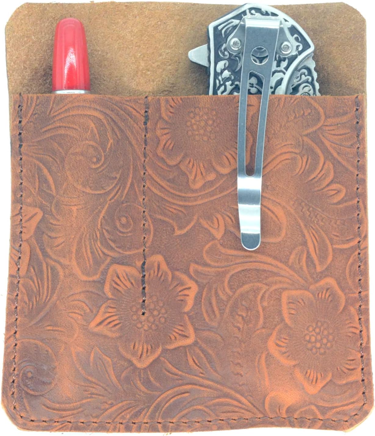 JJNUSA Leather Pocket Organizer, Pocket Slip, Pocket Knife Pouch, EDC Carrier, Everyday Carry Organizers, Pen Holder Flower Brown