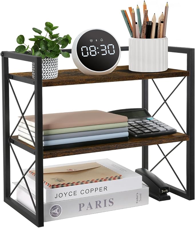 YINMIT Desktop Shelf Organizer, 2 Tier Office Shelves, Wood Desk Organizer Storage Rack and Freestanding Display Shelf for Office, Dormitory, Home