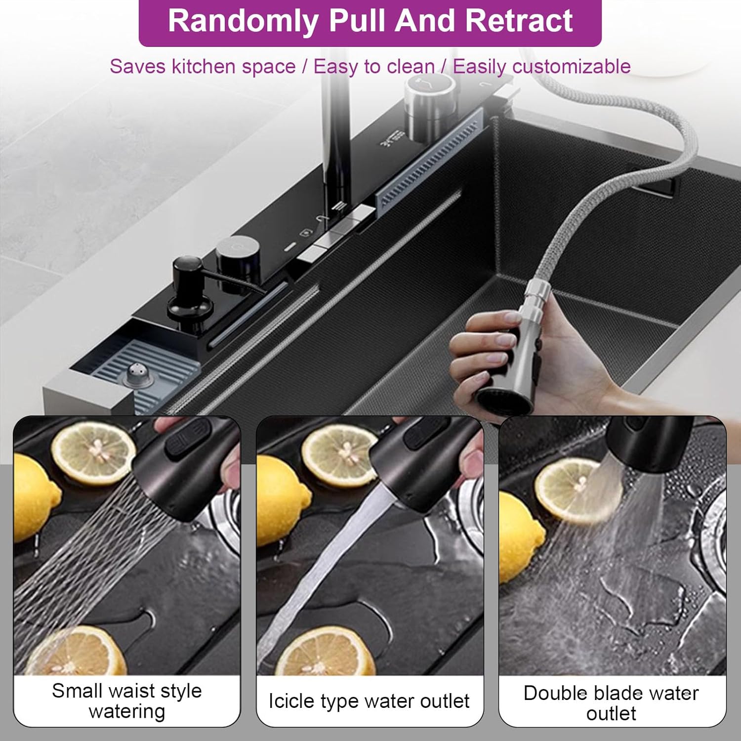 Multifunctional Waterfall - 75Cm Stainless Steel Integrated Set with Pull-Out Faucet for Home Bar Small Restaurant - Modern Design & Easy to Clean,80cm