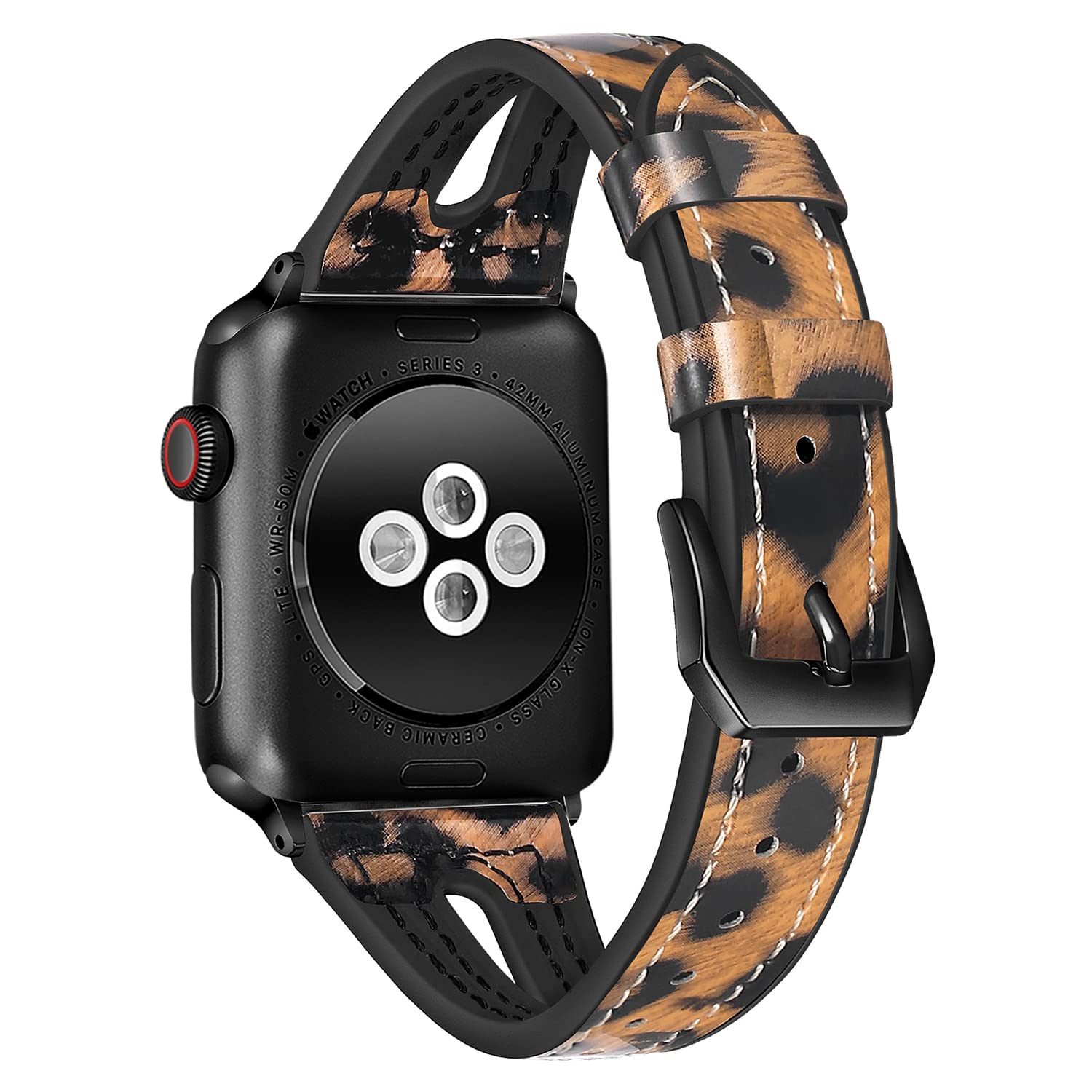 TILON Leopard Bands Compatible for Apple Watch Band 38mm 40mm 41mm/42mm 44mm 45mm, Waterproof Genuine Leather&Soft Silicone Strap Replacement for iWatch Series SE 7 6 5 4 3 2 1 Women Girls