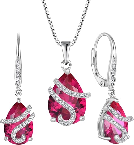 STARCHENIE Juego de joyas de plata de ley 925 con rubí para mujer, con piedra natal de corte pera, regalo de julio