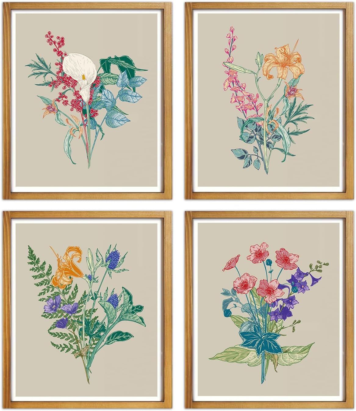 SEOLLX Neutral Botanical Prints wall art,Farmhouse Bedroom Plant Wall Decor,Vintage Minimalist Floral Poster,Neutral plant art suitable for bedroom and living room Set of 4(8”x10”Unframed)