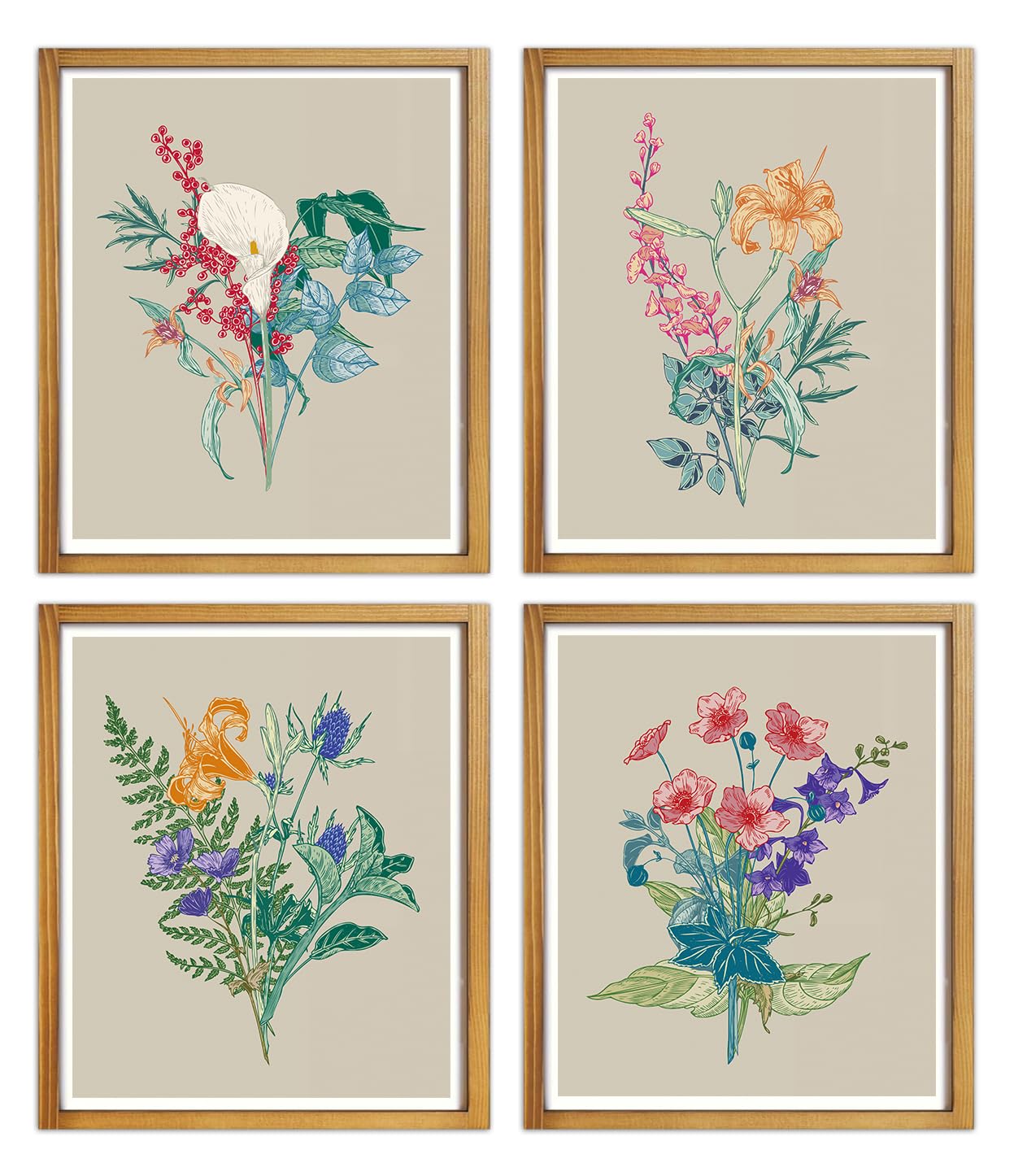 SEOLLX Neutral Botanical Prints wall art,Farmhouse Bedroom Plant Wall Decor,Vintage Minimalist Floral Poster,Neutral plant art suitable for bedroom and living room Set of 4(8”x10”Unframed)