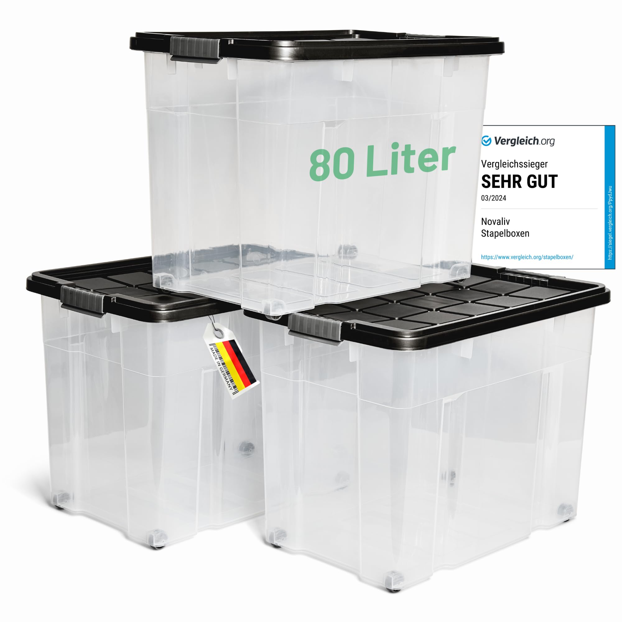 Novaliv 3 scatole portaoggetti con coperchio, grandi 80 l, colore antracite, impilabili, con chiusura a clip, in plastica, senza BPA, 61 x 40 x 45 cm