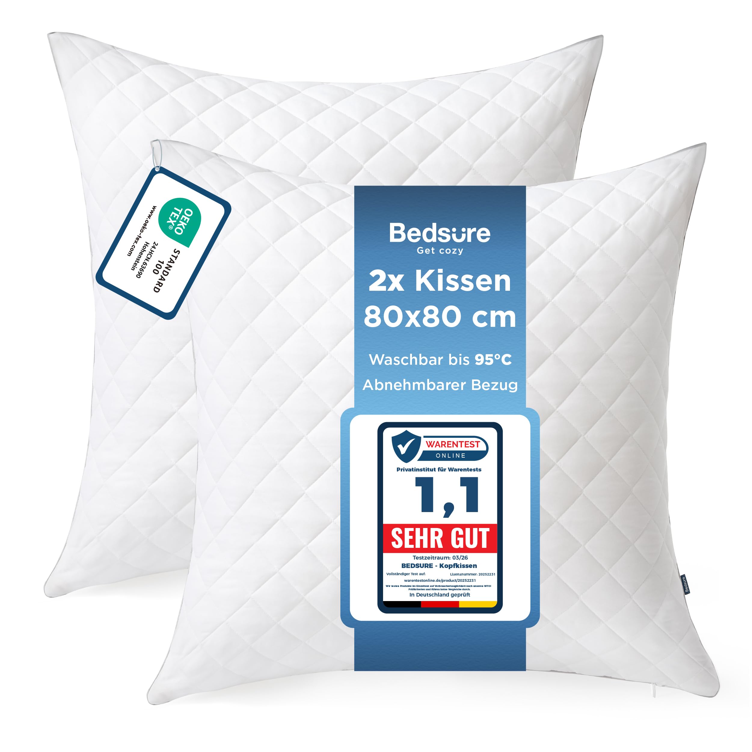 BEDSURE Kopfkissen 80x80 2er Set - Kissen 80x80 mit Reißverschluss, Anti-Milben - Antiallergisch Schlafkissen, Oeko-TEX Zertifiziert, 1400g Füllmenge Anpassbar, Bis 95 Grad Waschbar