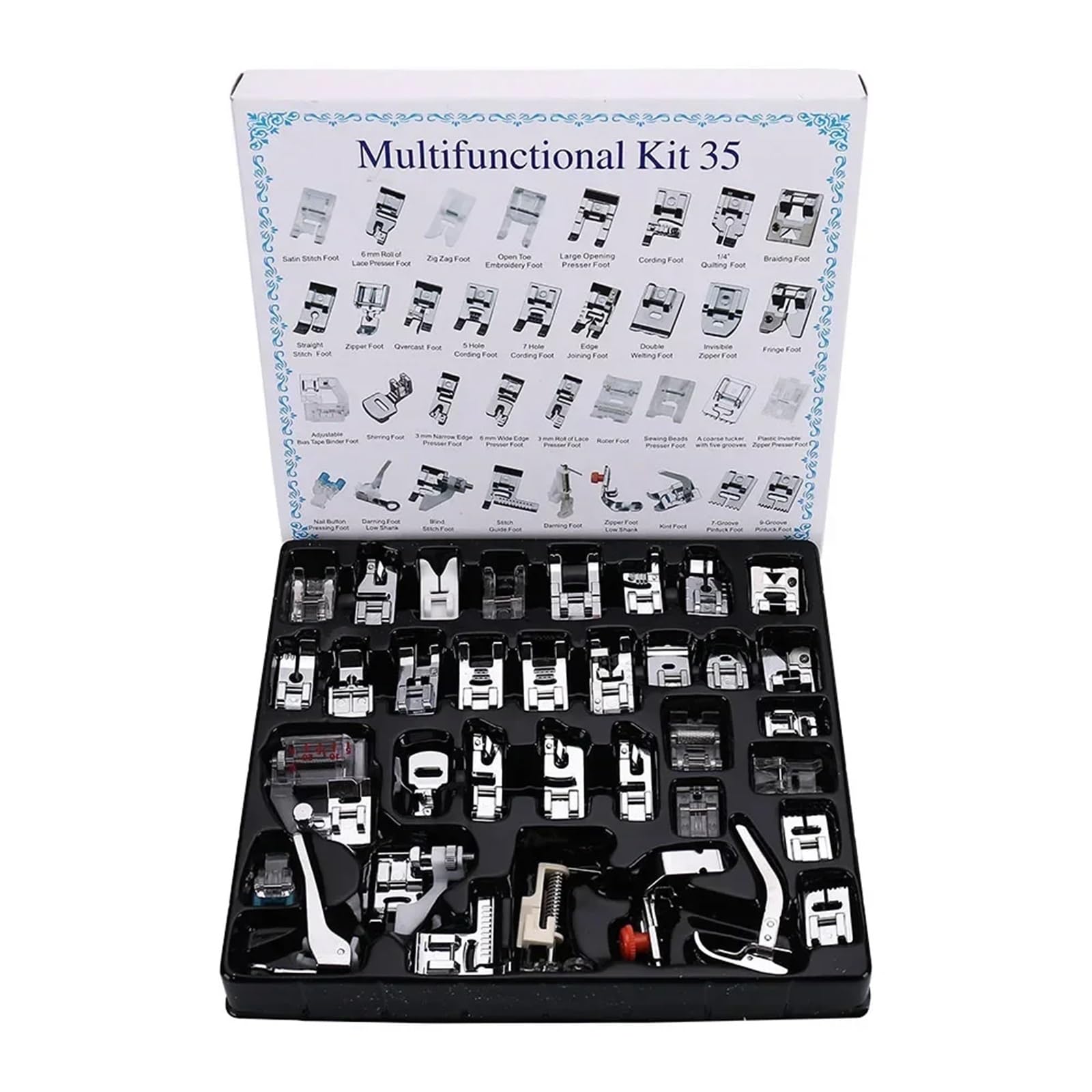 Sewing Feet Sewing Machine Presser Foot Press Kit For Braiding Blind Stitch OverLock Zipper Roller Ruler Parts(Press foot 35pcs)
