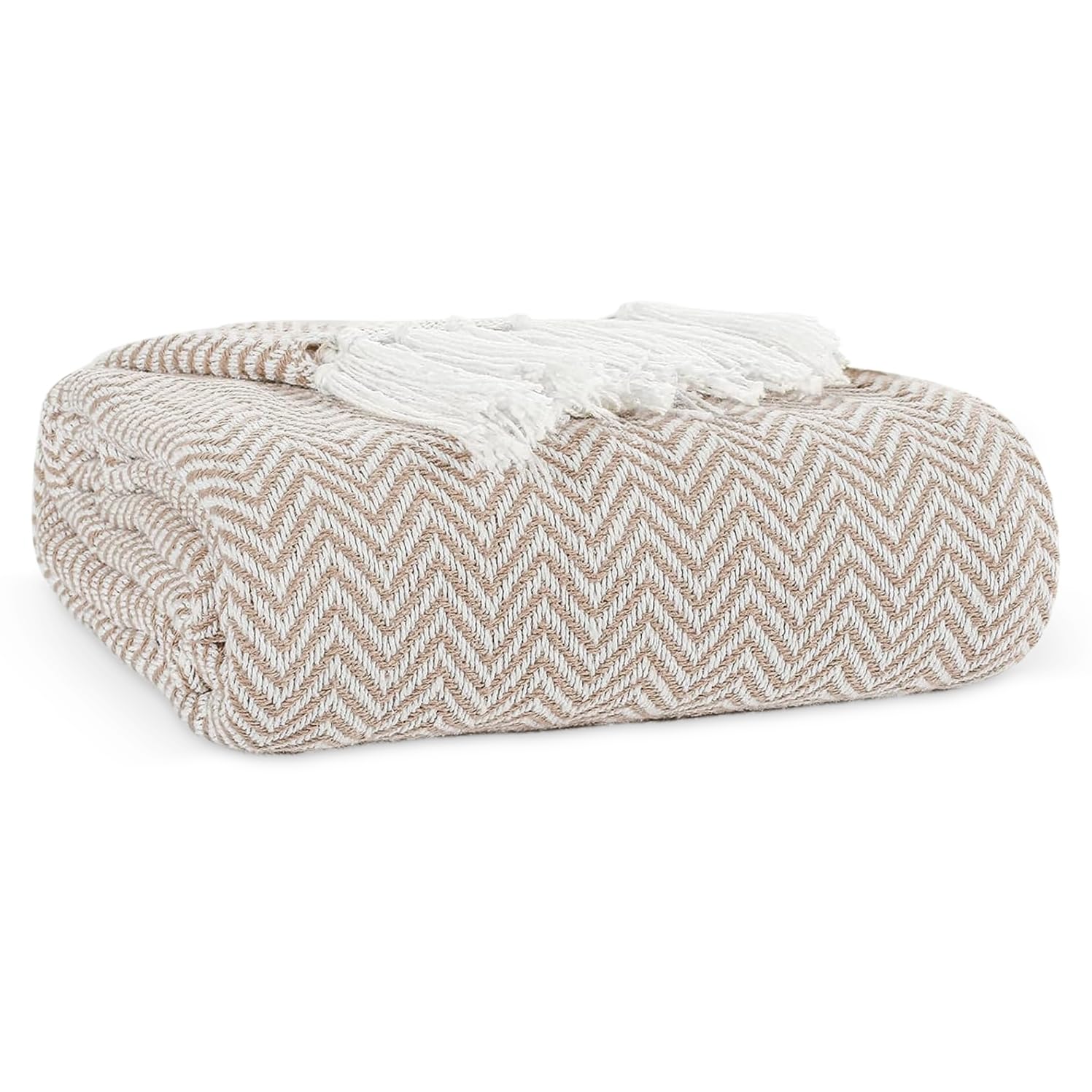 Ehc Tan Chevron Throw Blanket, Handwoven Cotton Throws For Sofas Bed Sofa Settee Couch Reversible Bed Cover Over Bedspread, Single 127 X 152 Cm,