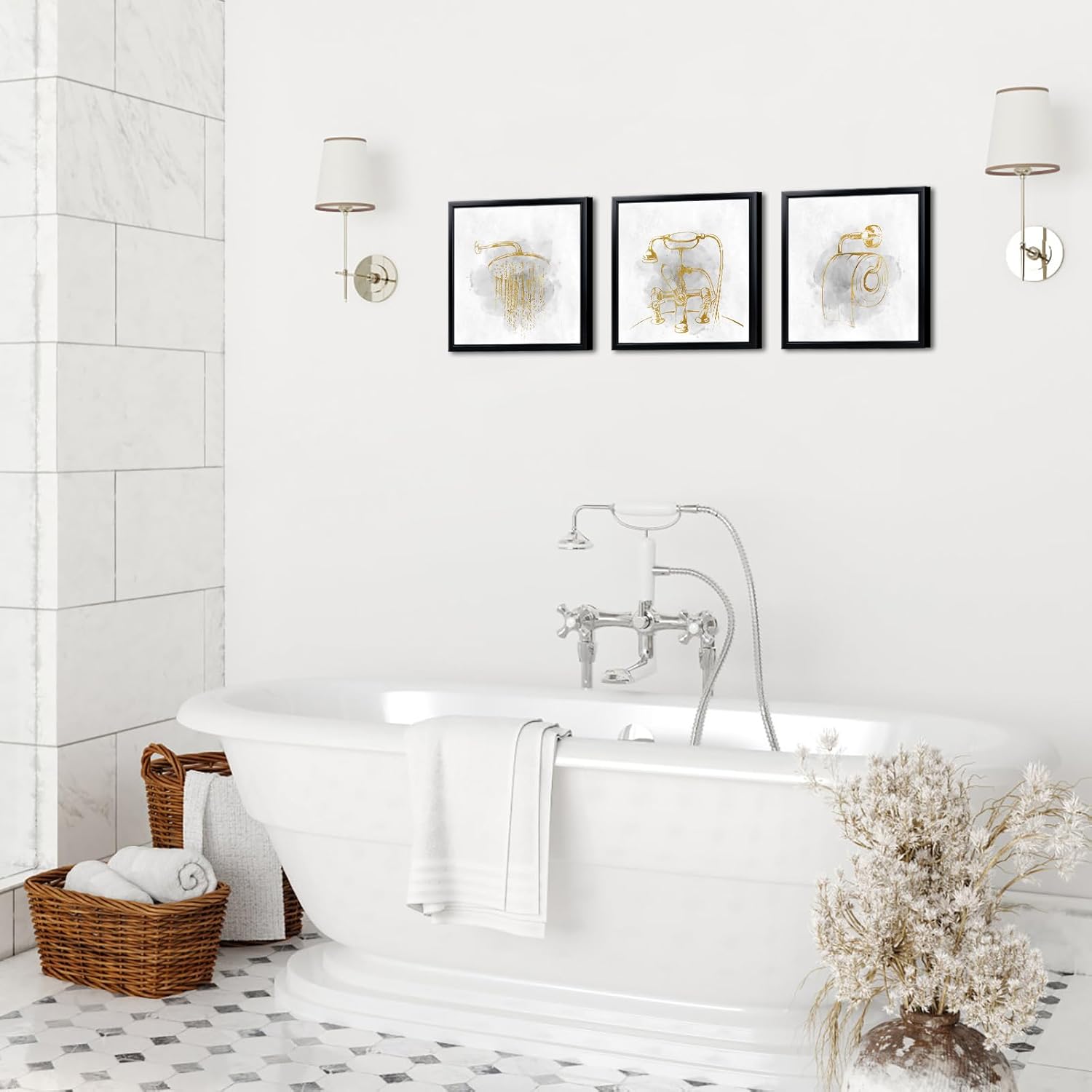 HOMEOART Gold Grey Bathroom Wall Art Bathroom Decor Picture, Set of 3, Black Frame 12x12 inch