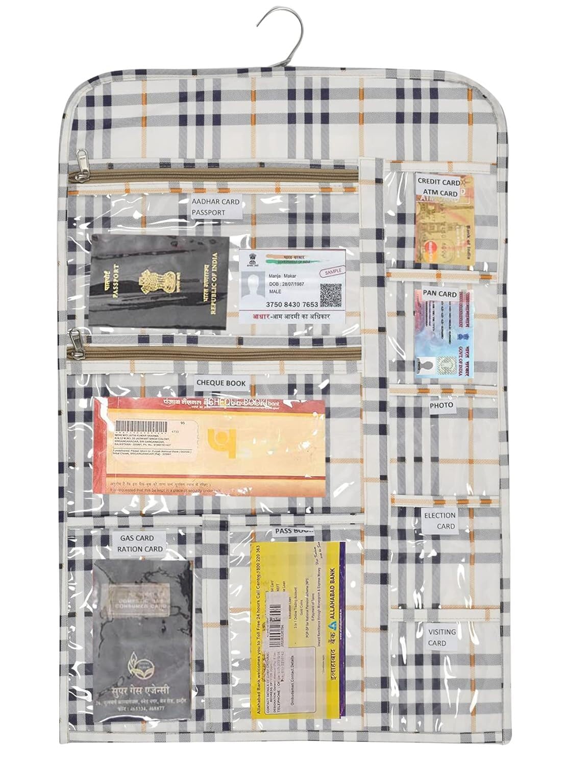 Multi-Pocket Wall & Wardrobe Hanging Document Organizer | 10 Pockets for Passport, Aadhaar, PAN Card, Passbook & Bank Cards | Space-Saving Home & Travel Document Manager (Checkered Design) 1