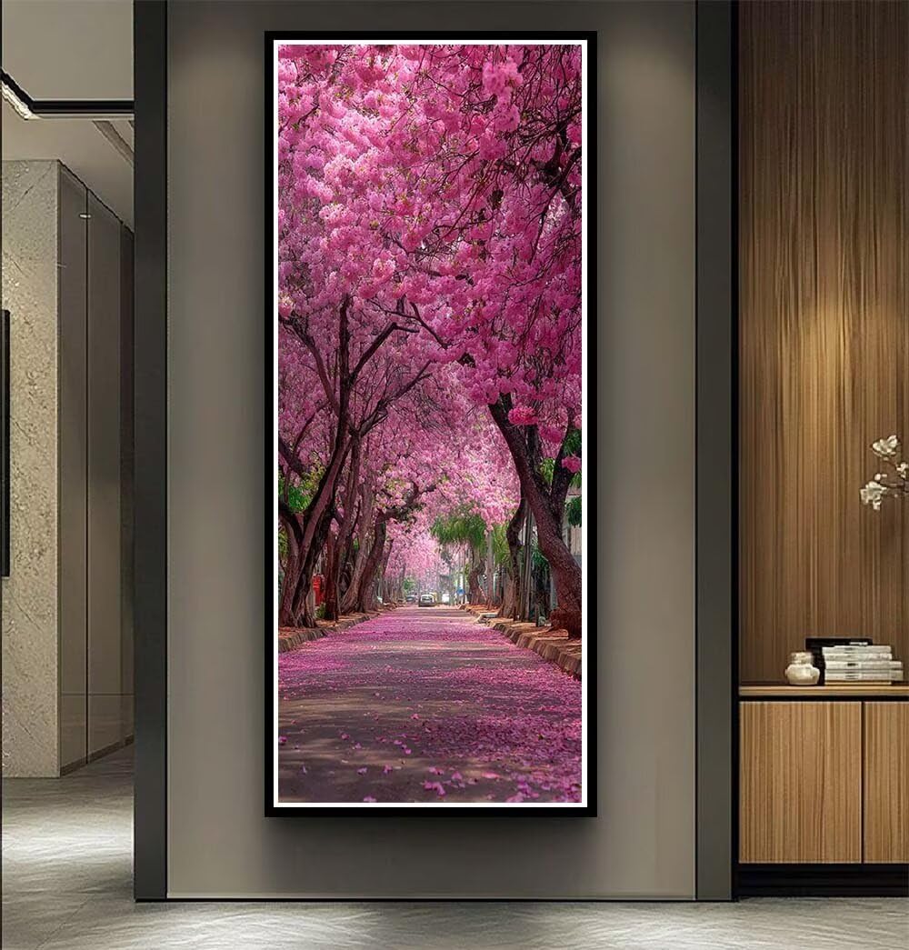 Landscape Diamond Art Kits Adults Large 5D Cherry Blossom Path Diamond Painting Kits, DIY Full Drill Crystal Art Craft Rhinestone Embroidery Cross Stitch for Adults 11.8x23.6 Inch/30x60 cm -LR1106