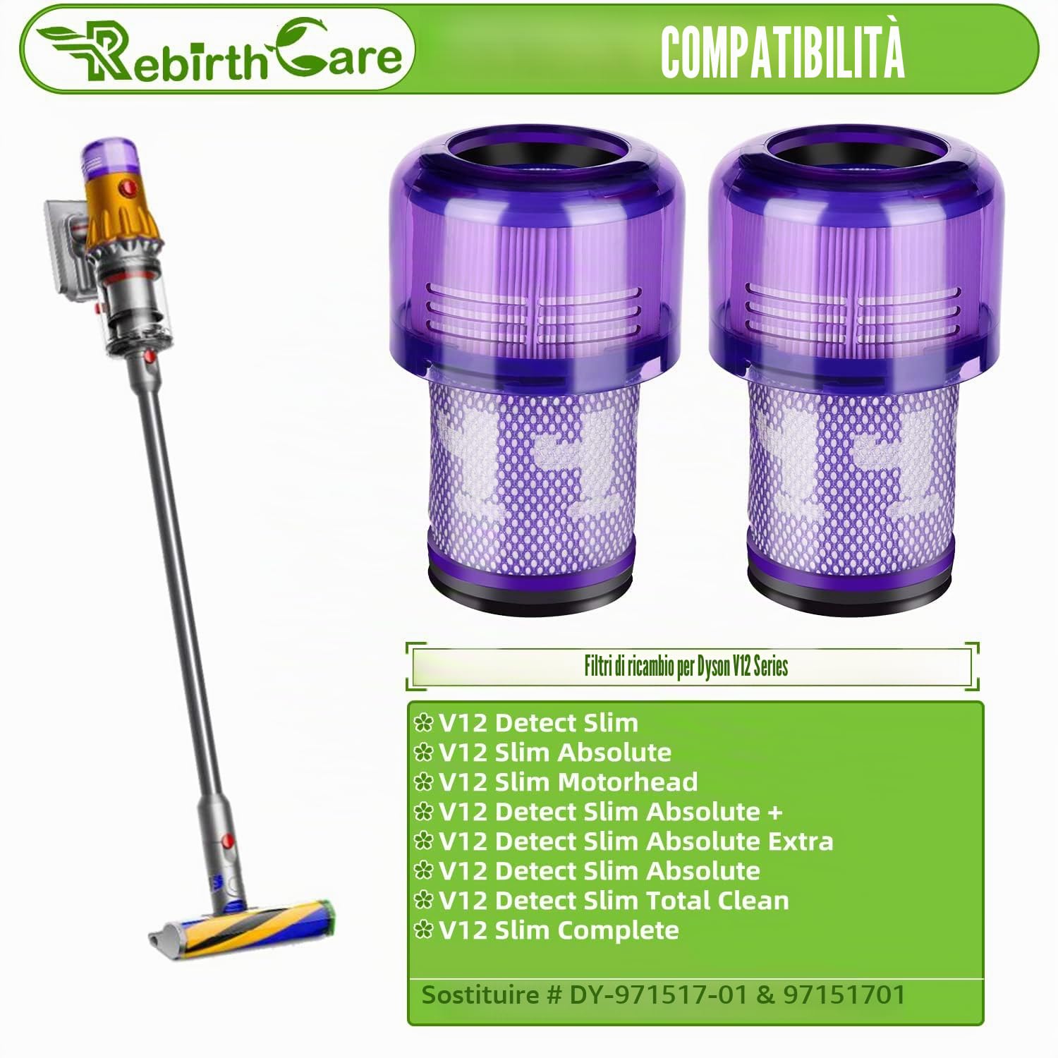 Rebirthcare 2 Pezzi V12 Filtro per Dy.son V12 Detect Slim Absolute Extra Pro Plus Motorhead Complete Total Clean Aspirapolvere, Parti di ricambio #DY-971517-01 (2*V12 Filtro)