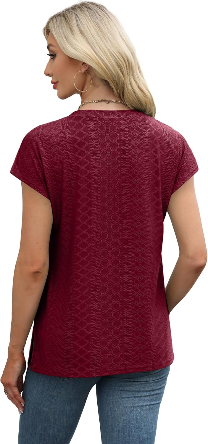 XIEERDUO Womens Tops V Neck Cap Sleeve Loose Fit Tee Shirts Summer Spring 2025 Eyelet/Printed - Image 5