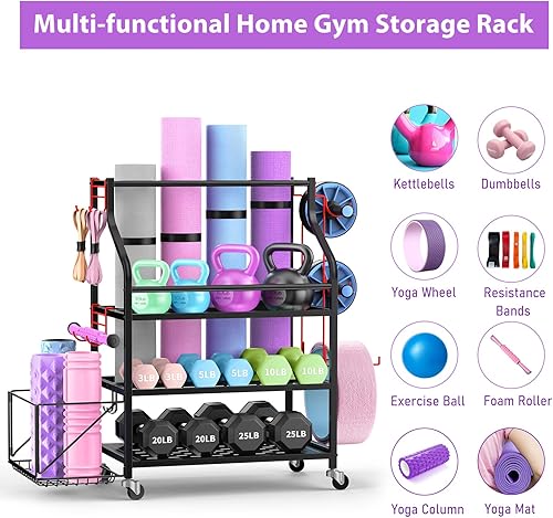 Miniatura 5 de Estante de pesas para mancuernas, estante de almacenamiento de gimnasio en casa, estante de almacenamiento de esterilla de yoga con ganchos y