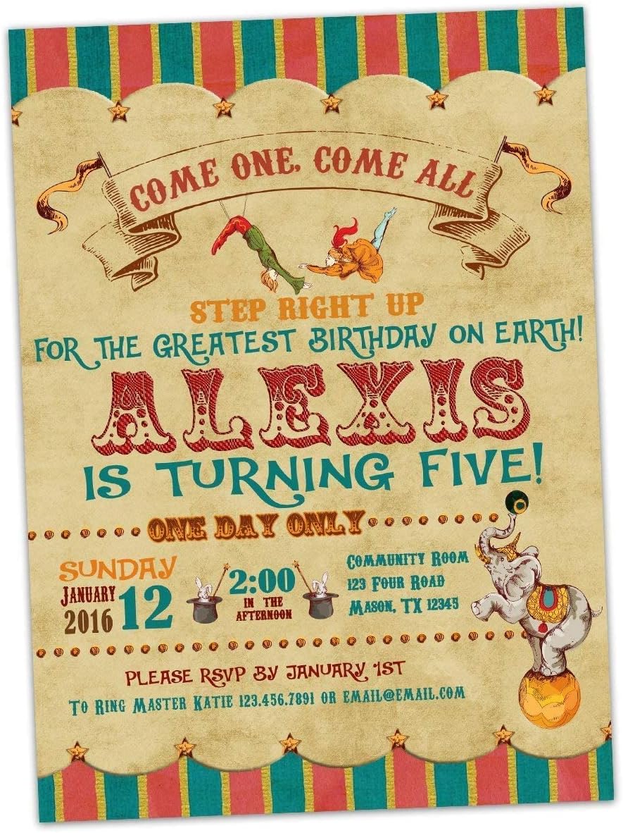 Vintage Circus Birthday Invitations Boy Girl 1st 2nd 4th 5th 6th, Any Age Party, Personalized with Envelopes Carnival
