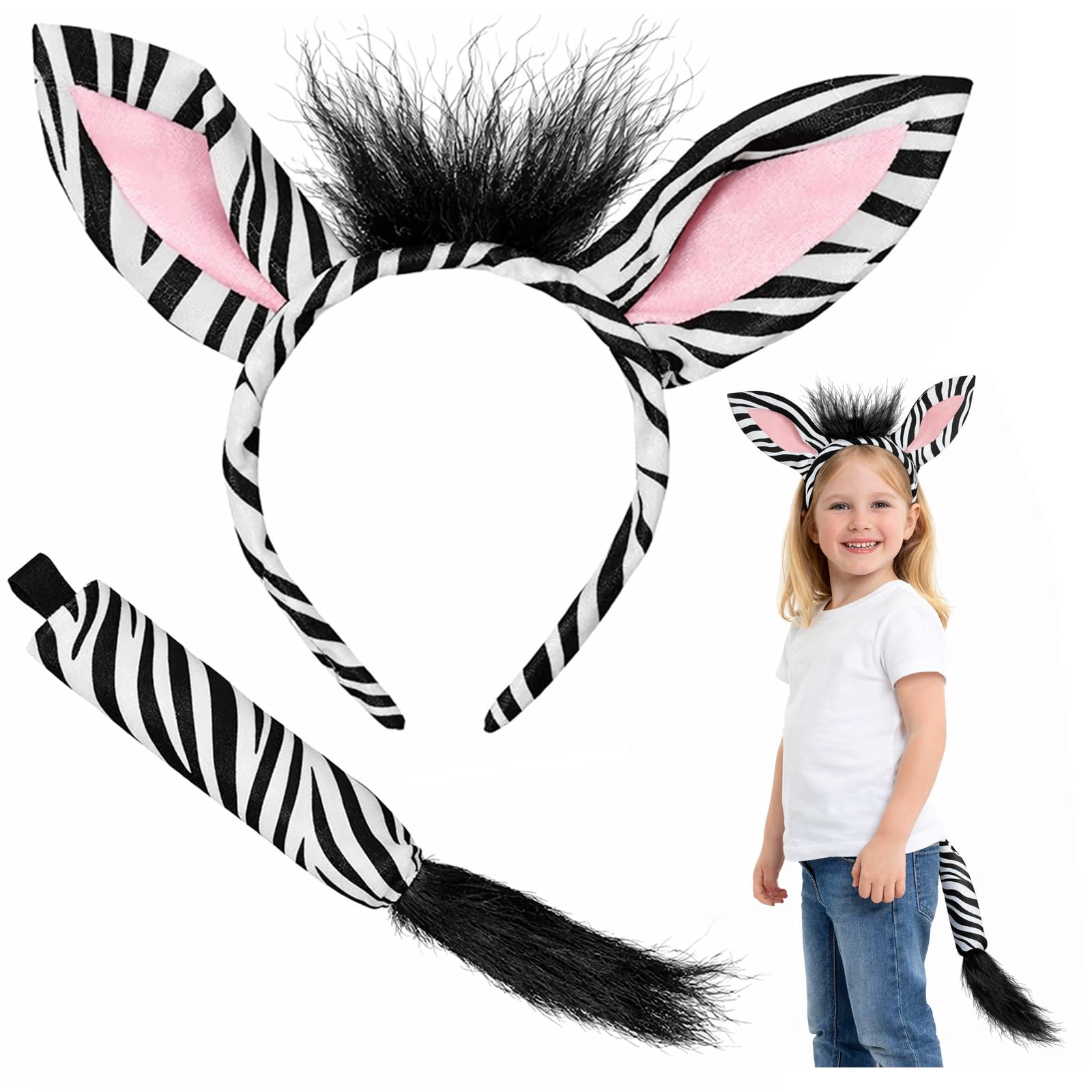 YONEEKSS 2 Pieces Animal Costume Set, Ears and Tails of Zebras Headband with Ears & Tail Fancy Dress Dress Up Set, Fancy Dress Party Halloween Carnival World Book Day Accessoy