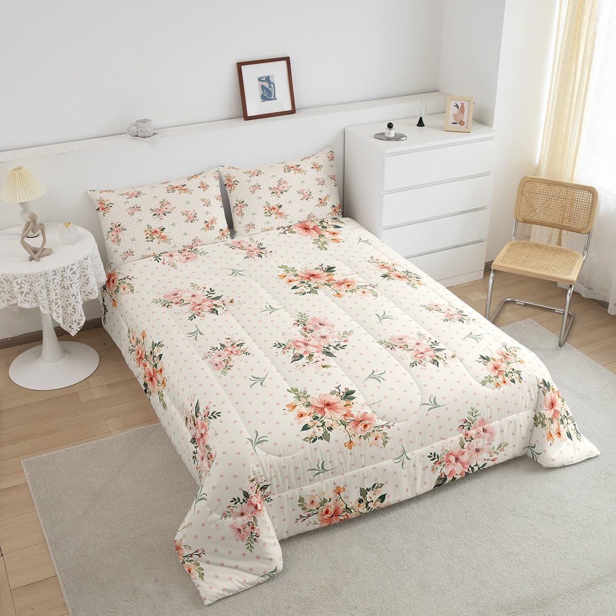 Feelyou Flowers Bedding Set Botanical Floral Flowers Blossom Comforter Set for Girls Women Ultra Soft Flower Pattern Comforter Natural Theme White Red Duvet Set Room Decor Twin with 1 Pillow Case