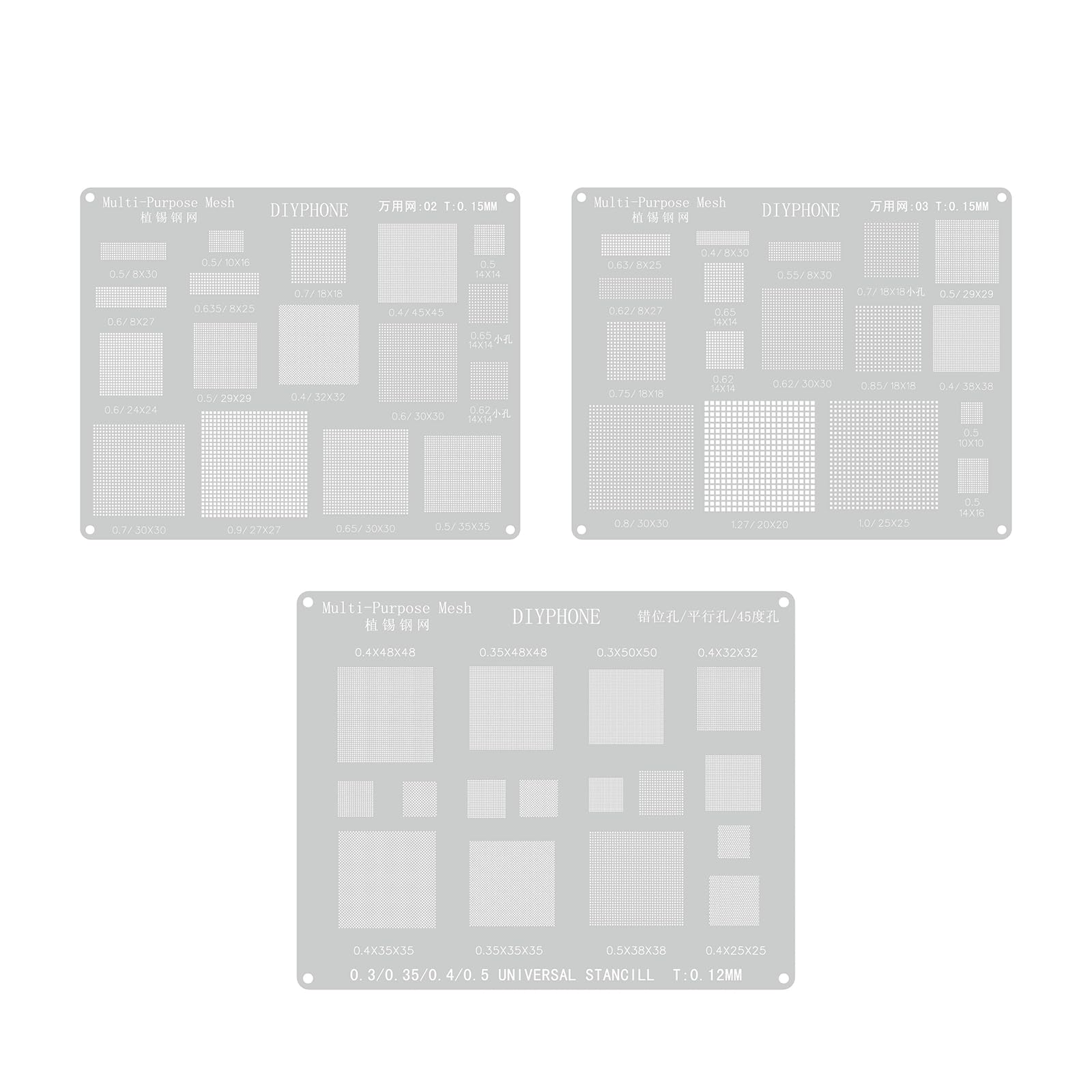 DIYPHONE BGA Reballing Stencils Kit,3Pcs Universal Planting Tin Steel Mesh,Multifunction Solder Tin Planting Template,Square Hole Direct Heating Planting Tin Net for Phone CPU IC Chip Repair