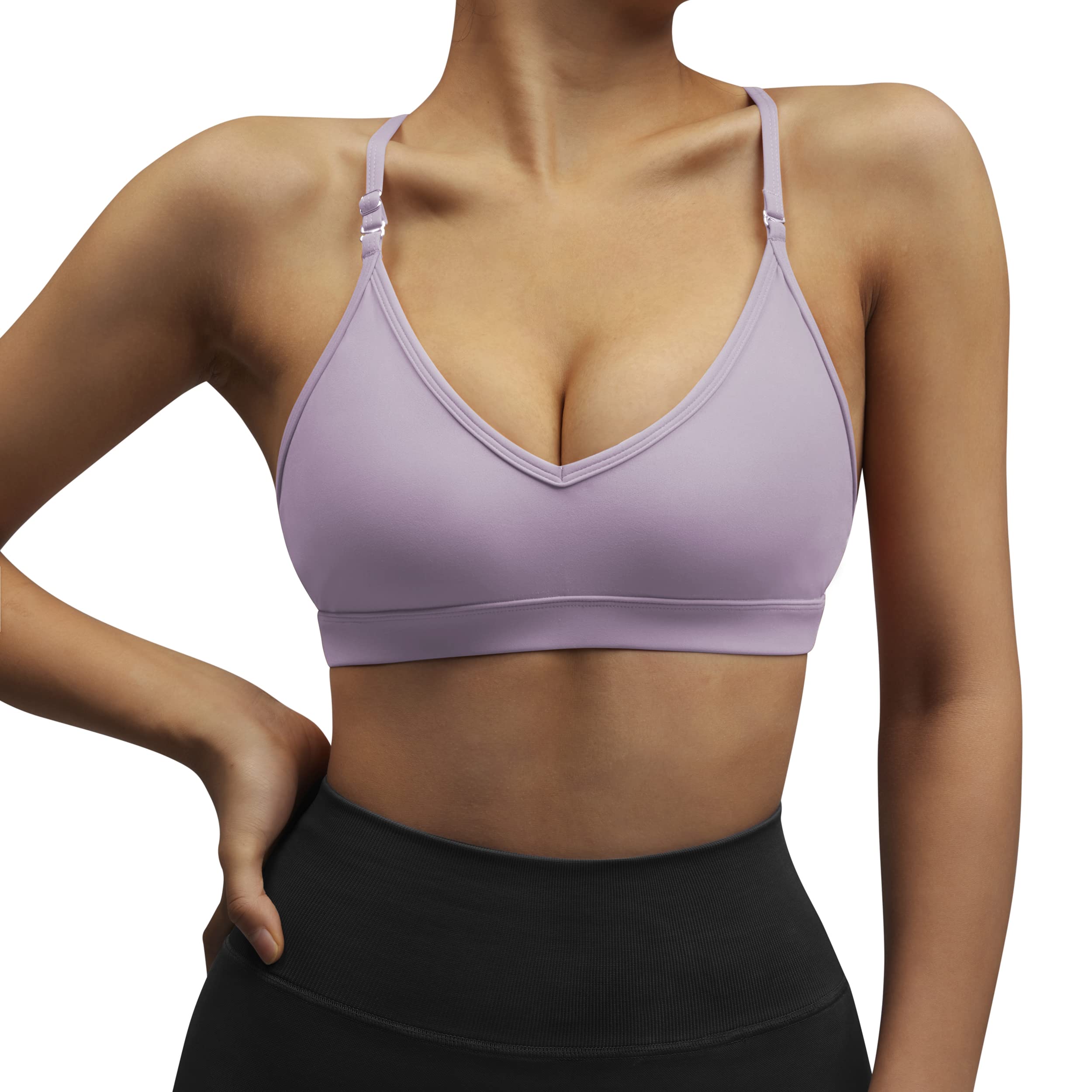 DOULAFASS Strappy Sports Bras for Women Sexy Halter Medium Support Workout Yoga Bra Tops with Removable Cups (X-Large, 245-Light Purple)