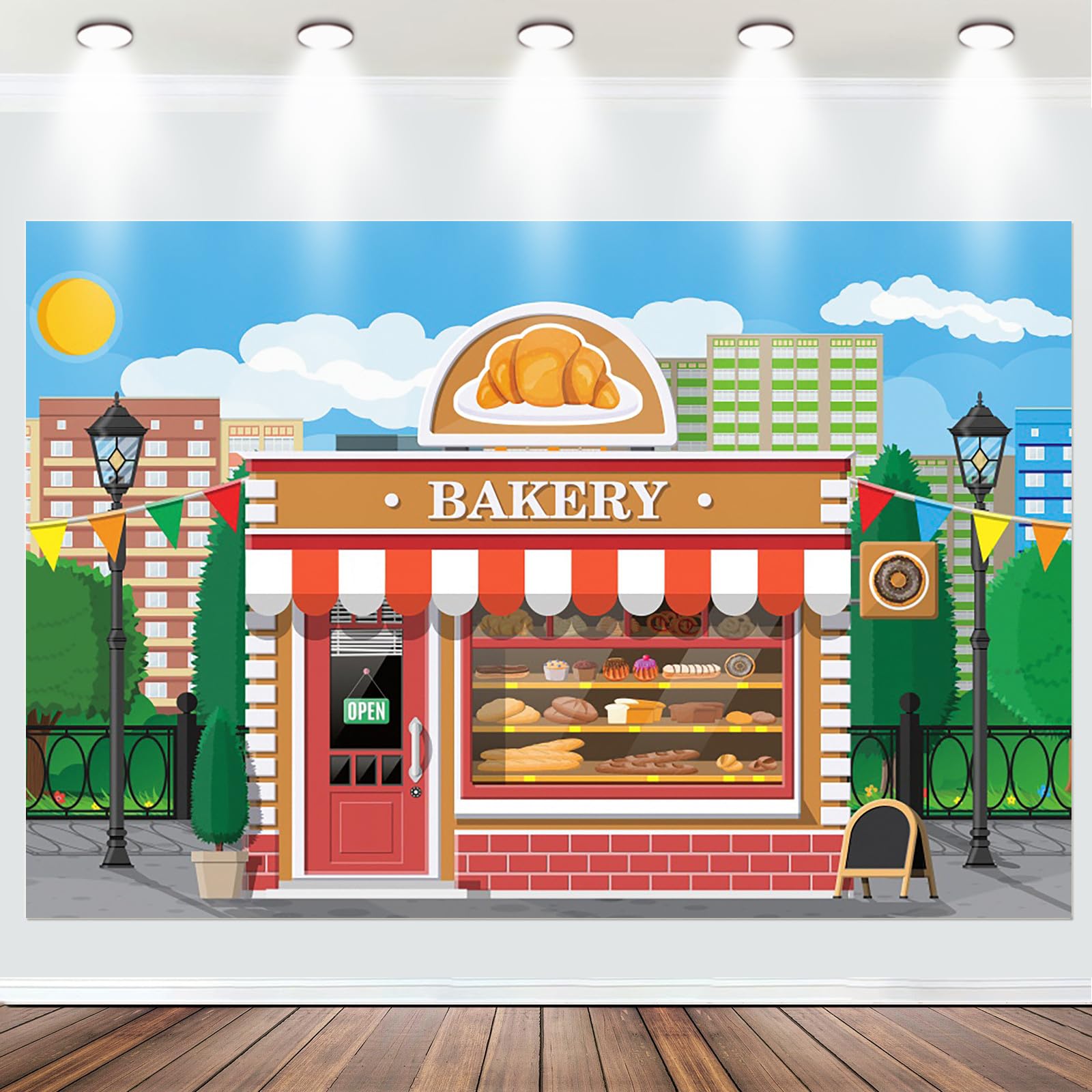 Fabric 7x5ft Bakery Shop Backdrop Cartoon Park Street Bakery Sweets Bar Shelves Dessert Store Photo Background Sweets Shoppe Theme Girl Birthday Baby Shower Cake Table Banner Studio Props