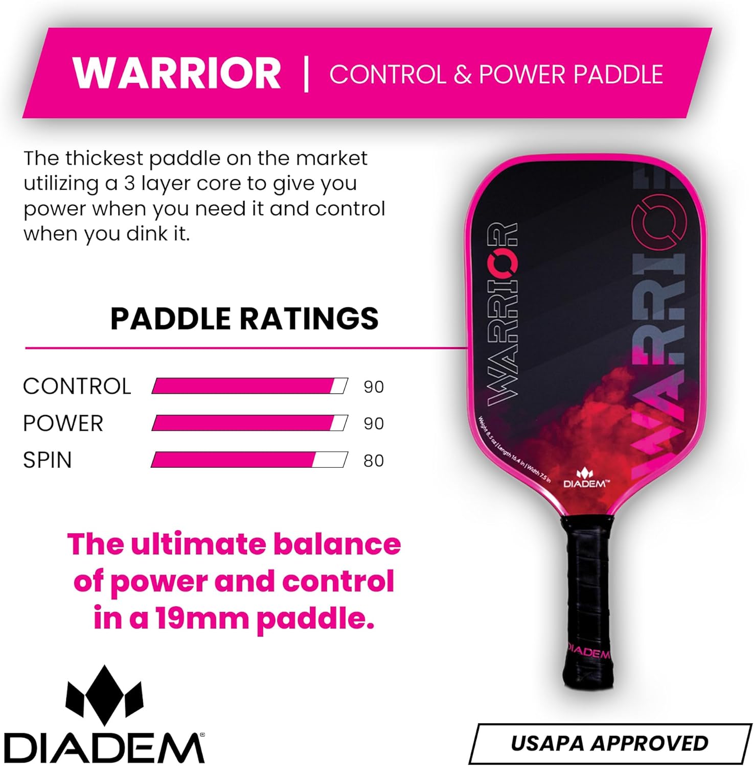 Diadem Warrior Pickleball Paddle | Carbon Fiber Face, 3X L-Core Hybrid Nomex Polymer Honeycomb Core, Grit Paint Surface for Spin, Control and Power | Indoor/Outdoor | USAPA Approved