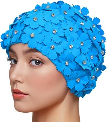 Manual Rhinestone Floral Petal Retro Style Swim Cap Bathing Caps for Women