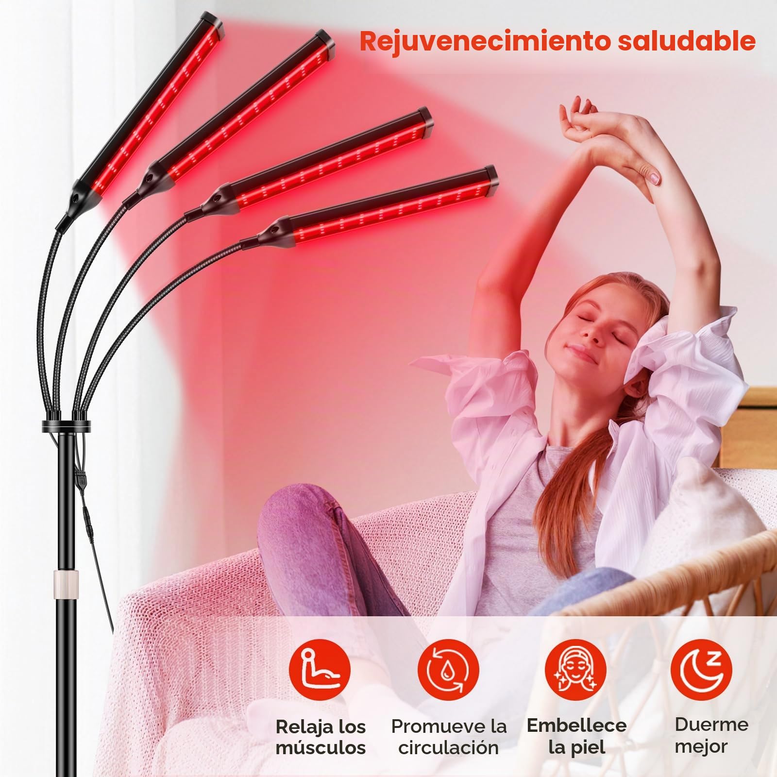 Viconor Ámpara De Terapia Luz Roja, Infrarroja 4 Cabezales Para Dispositivo Corporal Con Soporte Ajustable, Roja 660 Nm Y Cercana, L