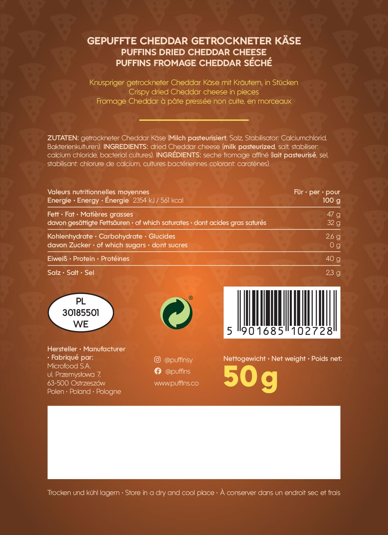 PUFFINS - Crispy Cheese Keto Snack - Cheddar Cheese - 100% sera - bez cukru, GMO, węglowodanów - przekąska białkowa - zdrowe przekąski dla dzieci i dorosłych, bezglutenowe, wysokobiałkowe - 4x50g