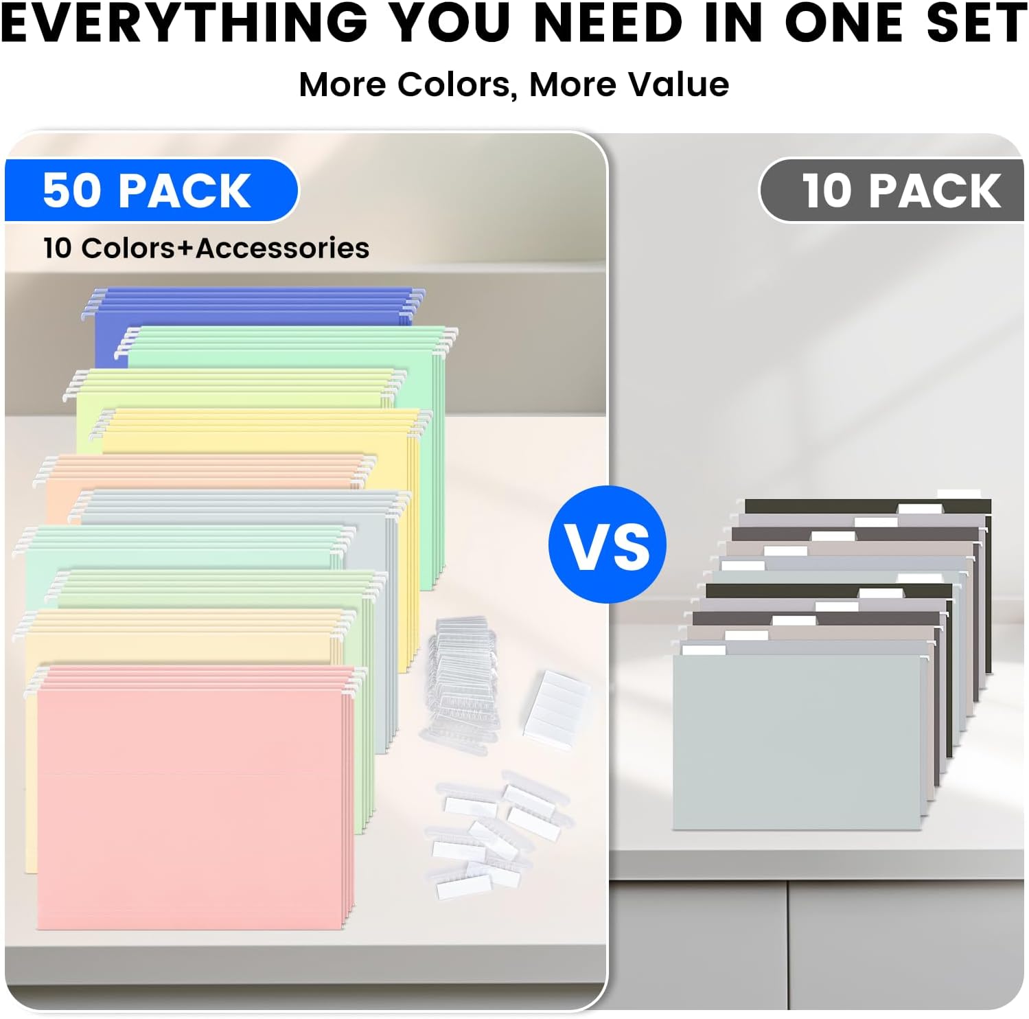 50-Pack Morandi Hanging File Folders, Letter Size with 55 Transparent Label Cards, 60 Sticker Labels,1/5-Cut Tabs–Home Office & Filing Cabinets