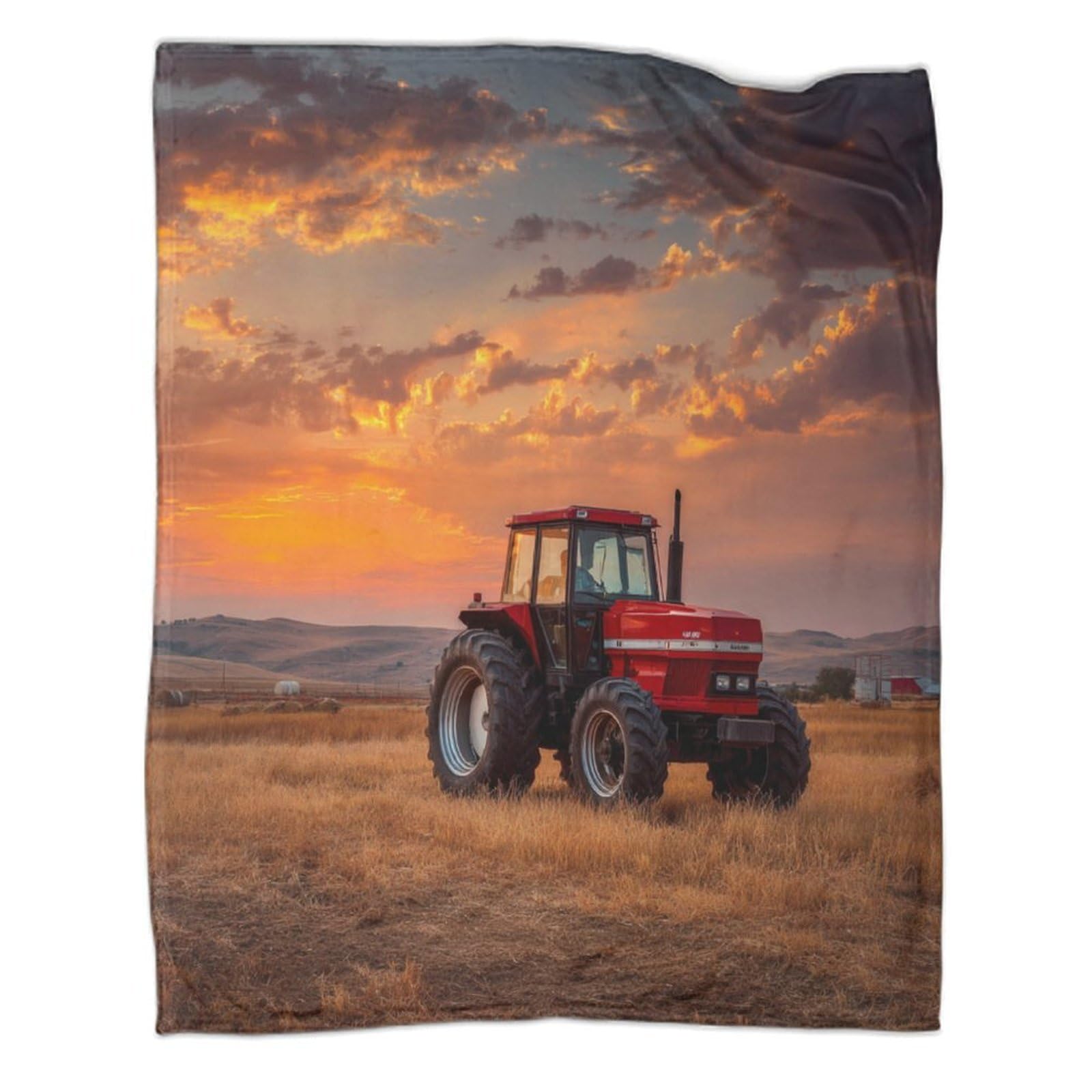 kaiyun A Red Articulated Tractor Drives Across The Pasture, A Beautiful Sunset in The Distance Blanket,Soft,Comfortable And Warm,3D Pattern,Suitable for Home And Camping,60x80inch(150x200cm)