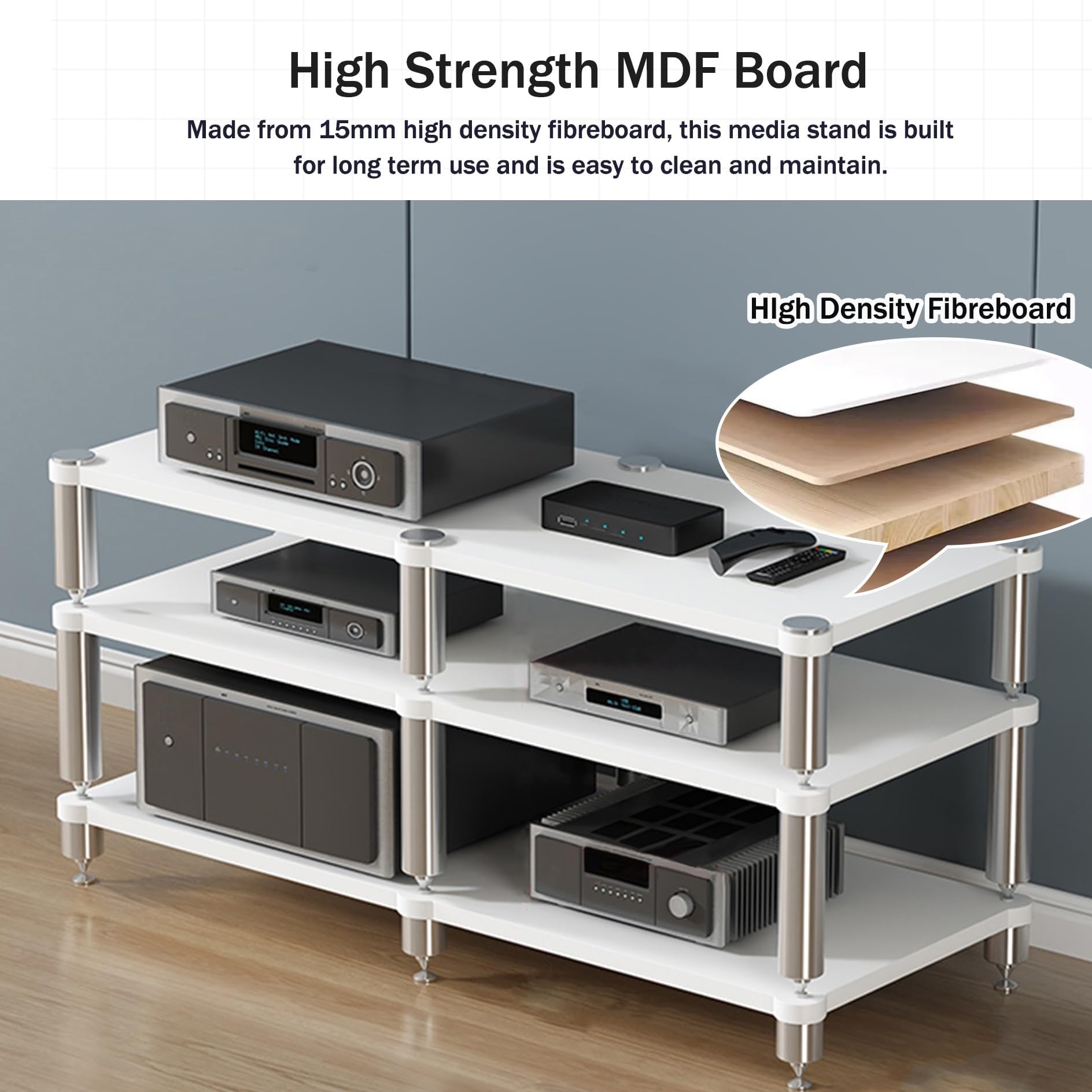 Rack audio HiFi – Supporto multimediale AV e ripiano da gioco – Torre di archiviazione da pavimento per proiettore, console di gioco, TV Box, lettore CD stereo e home theater