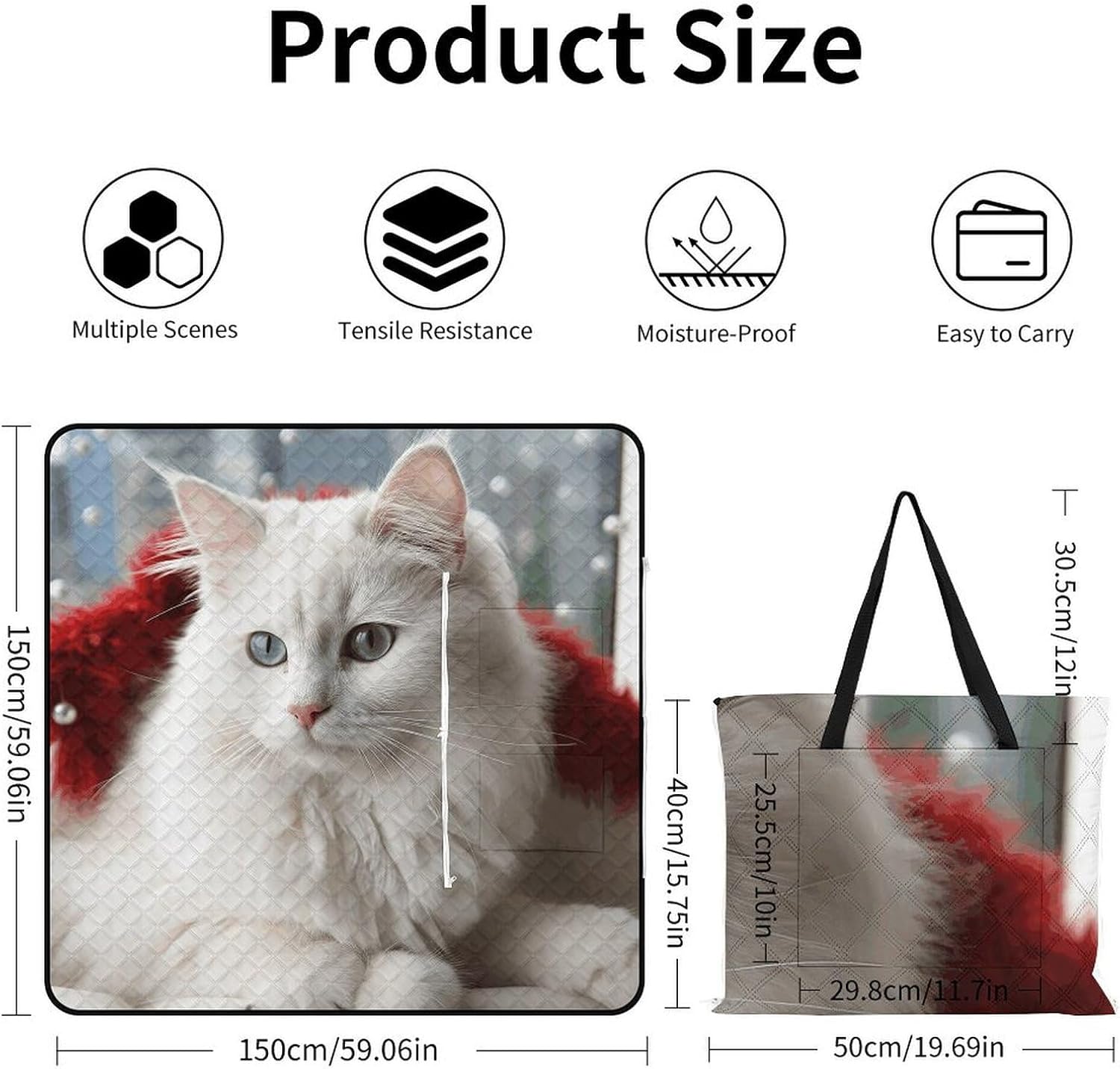 Cute White Cat Picnic Blanket with Zipper Water Resistant Sand Free Picnic Mat Washable Foldable Easy Carry Beach Blanket for Lawn Beach Hiking Camping
