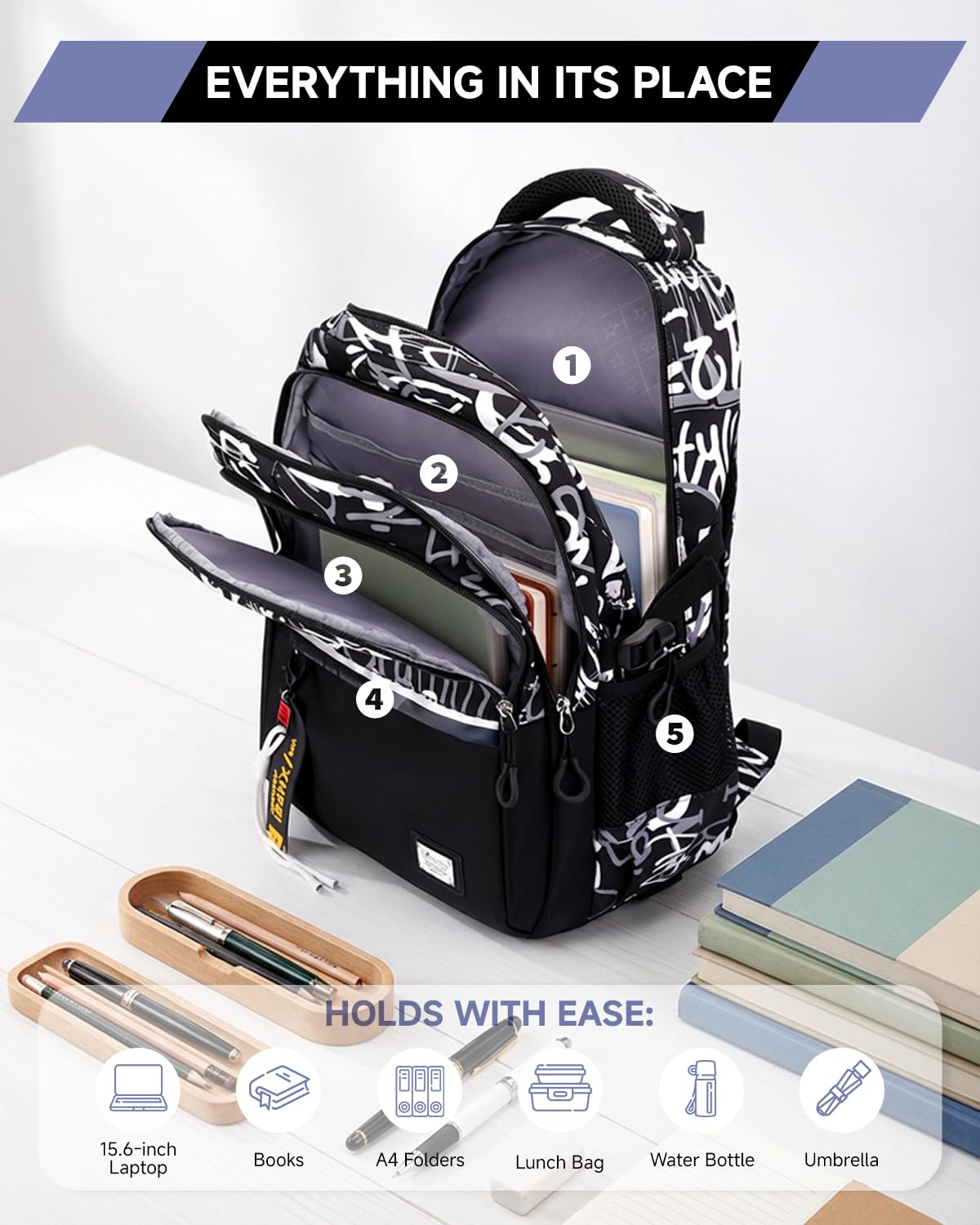 Amythe Zaino Trolley per Ragazzi - Zaino Scuola Adolescenti con Carrello Rimovibile Impermeabile per Laptop 15,6 Pollici, Zaini Nero con Rotelle per Scuola Media Superiore, 6 Ruote
