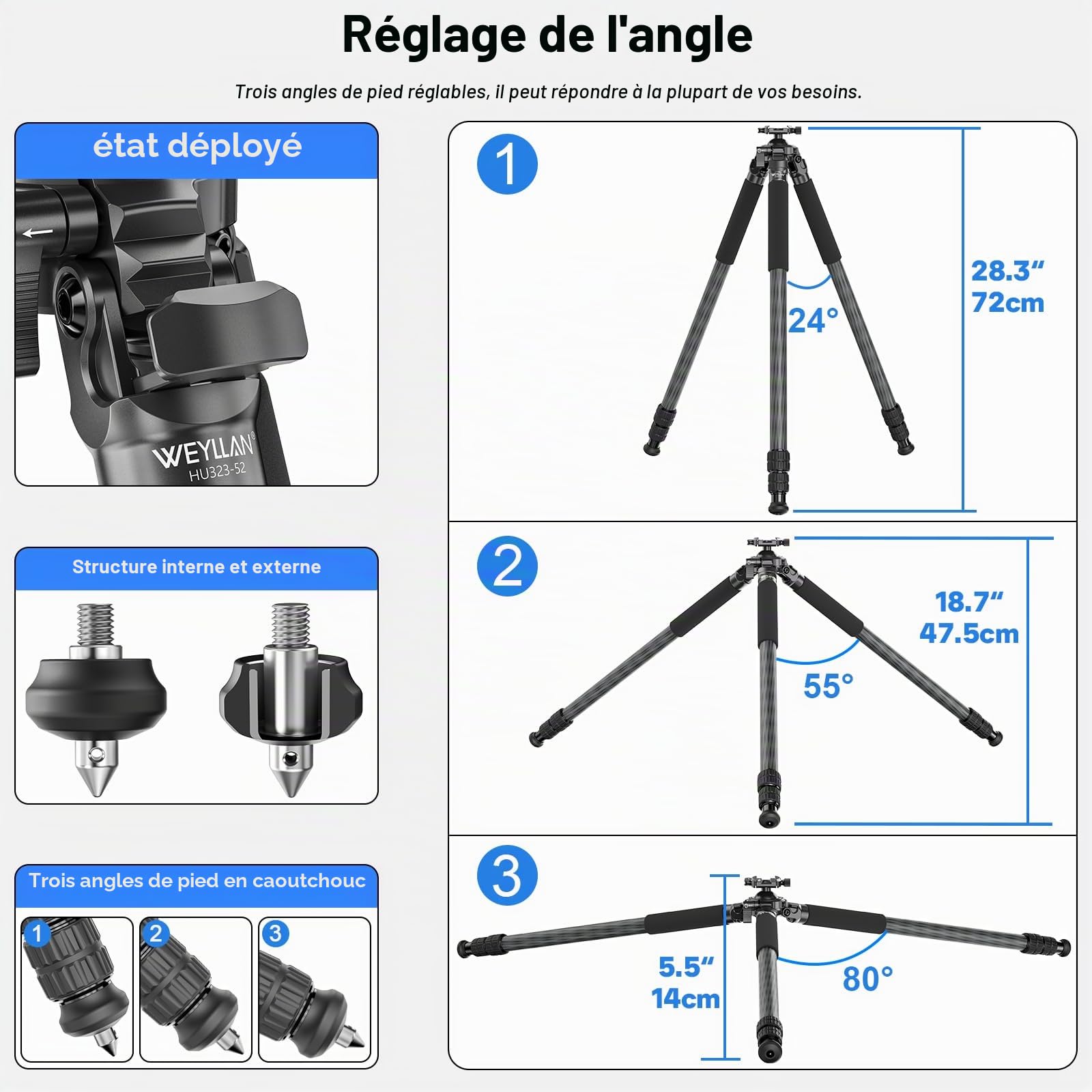 WEYLLAN HU323K Trépied en Fibre de Carbone pour la Chasse, avec 52mm Rotule, 80mm MLOK Arca Rail, Plaque Arca QR, Arca to Picatinny Adapter, pour la Chasse et Le Tir, Charge Maximale 25 kg