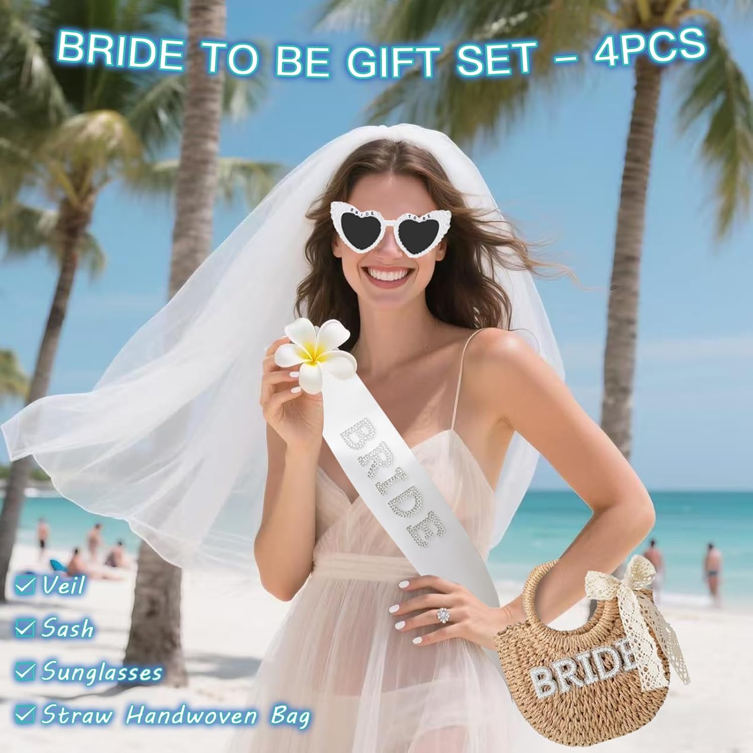 4Pcs Bride Gift Set Straw Handwoven Bag Pearl Rhinestone Letter Bag & Sash & Heart Sunglasses & Veil Bachelorette Party Decorations Accessories Honeymoon Wedding Bridal Shower - Image 3
