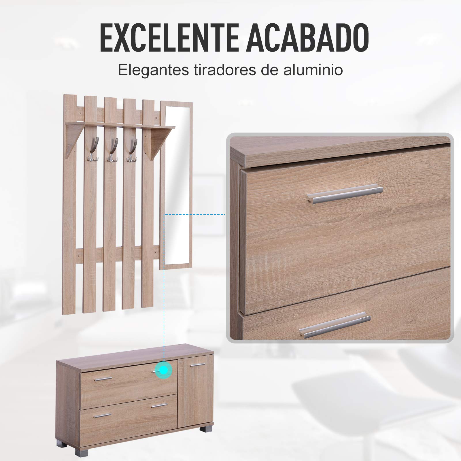 HOMCOM Conjunto de Recibidor de Entrada con Espejo Perchero y Zapatero Muebles de Entrada con 3 Ganchos Estante y 2 Cajones para Pasillo Roble